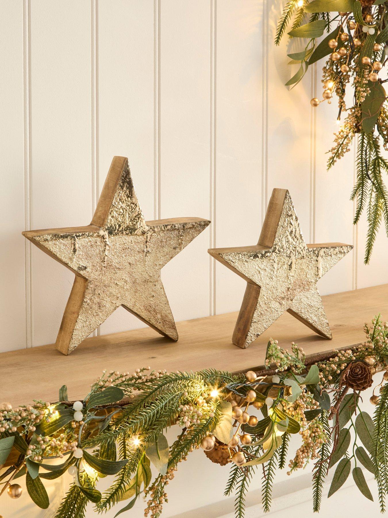 undefined Set of 2 Gold Wooden Star Christmas Decorations