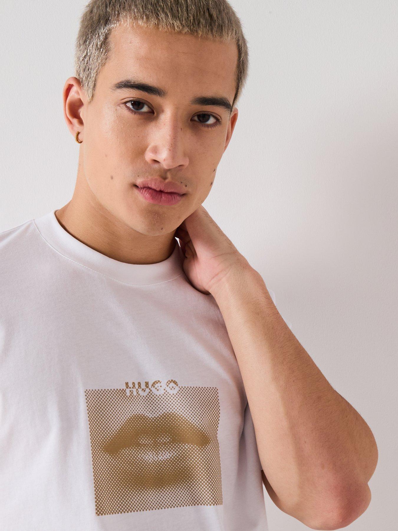  image of hugo-regular-fit-deterni-lips-graphic-t-shirt-white