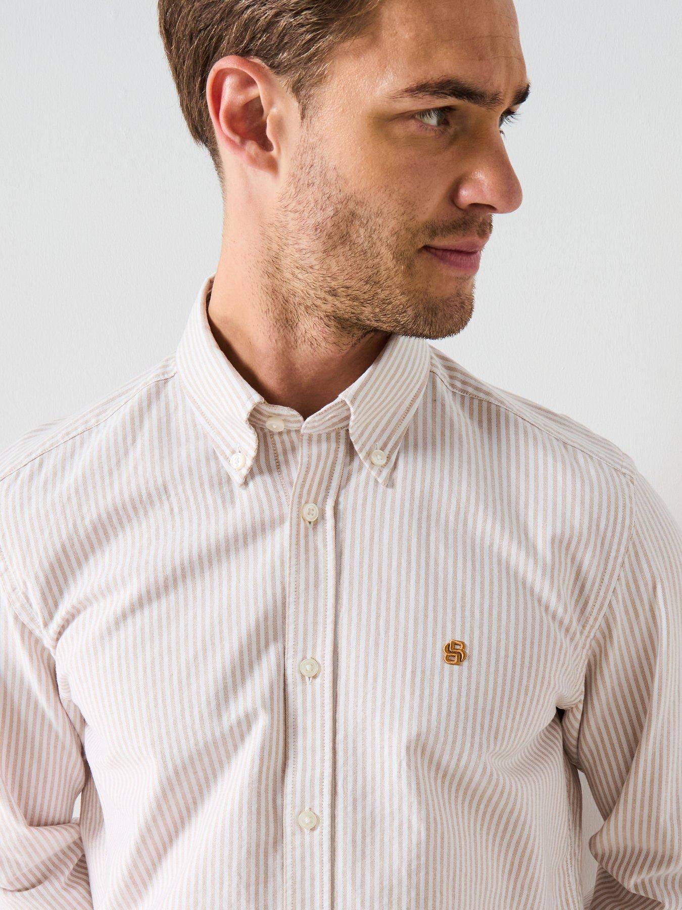 Image 1 of 6 of BOSS H-Liam Striped Regular Fit Oxford Shirt - Beige