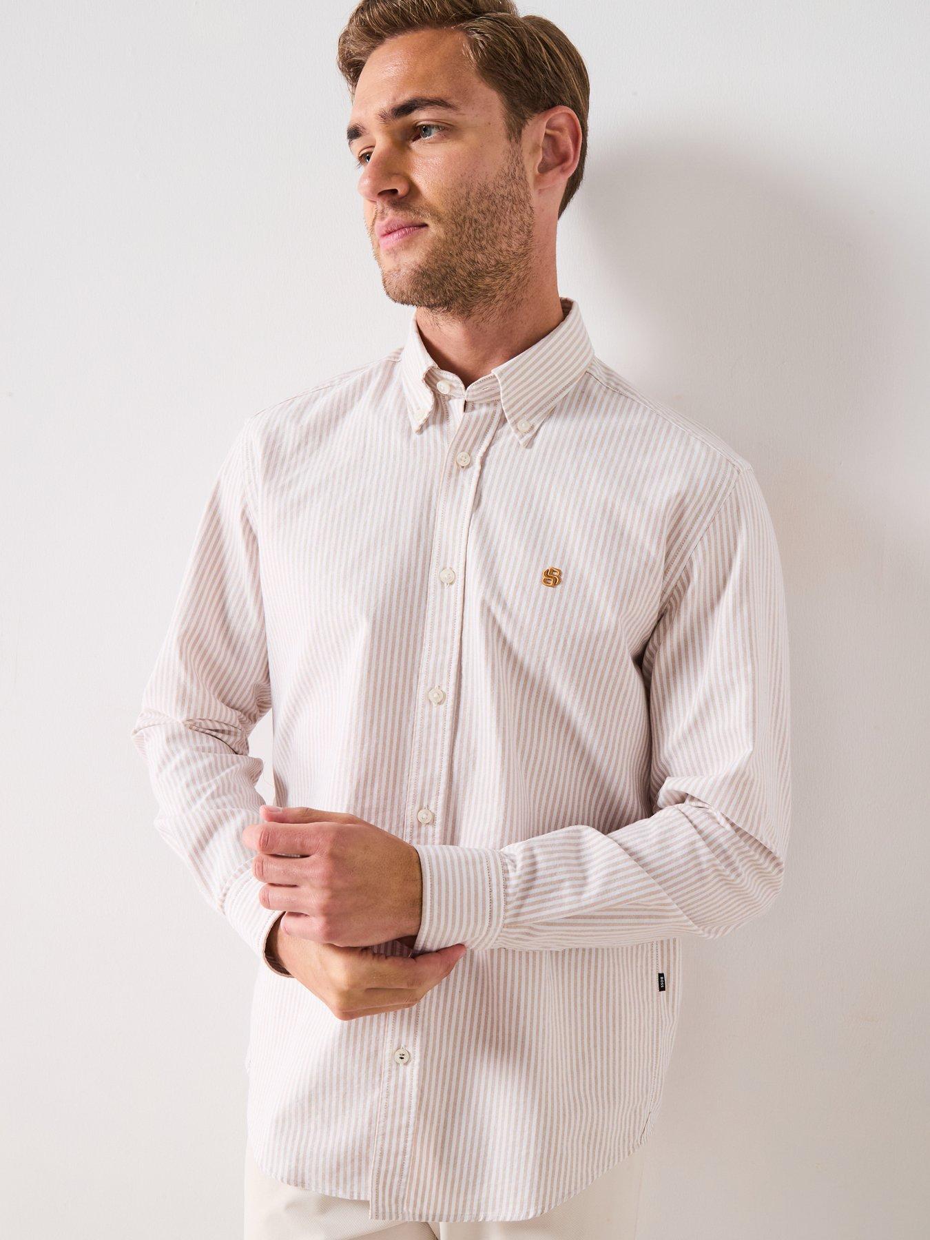 Image 4 of 6 of BOSS H-Liam Striped Regular Fit Oxford Shirt - Beige