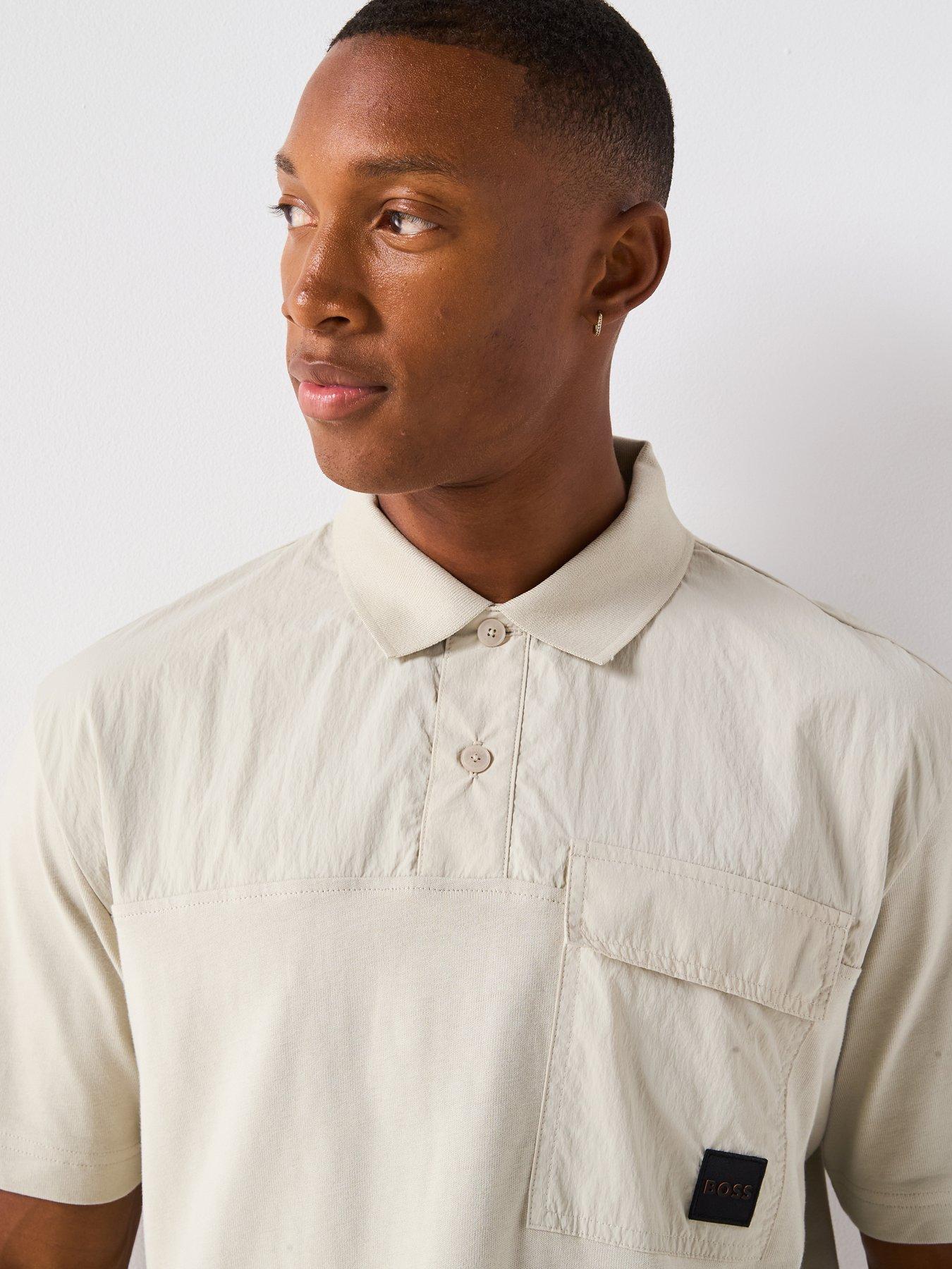 Image 4 of 6 of BOSS Panel Relaxed Fit Nylon Panel Polo Utility Shirt - Beige