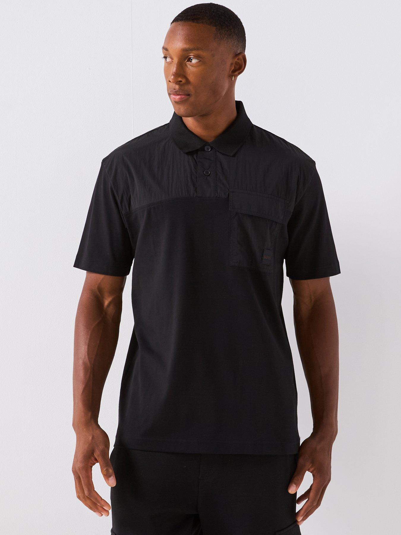 Image 1 of 6 of BOSS Panel Relaxed Fit Nylon Panel Polo Shirt - Black