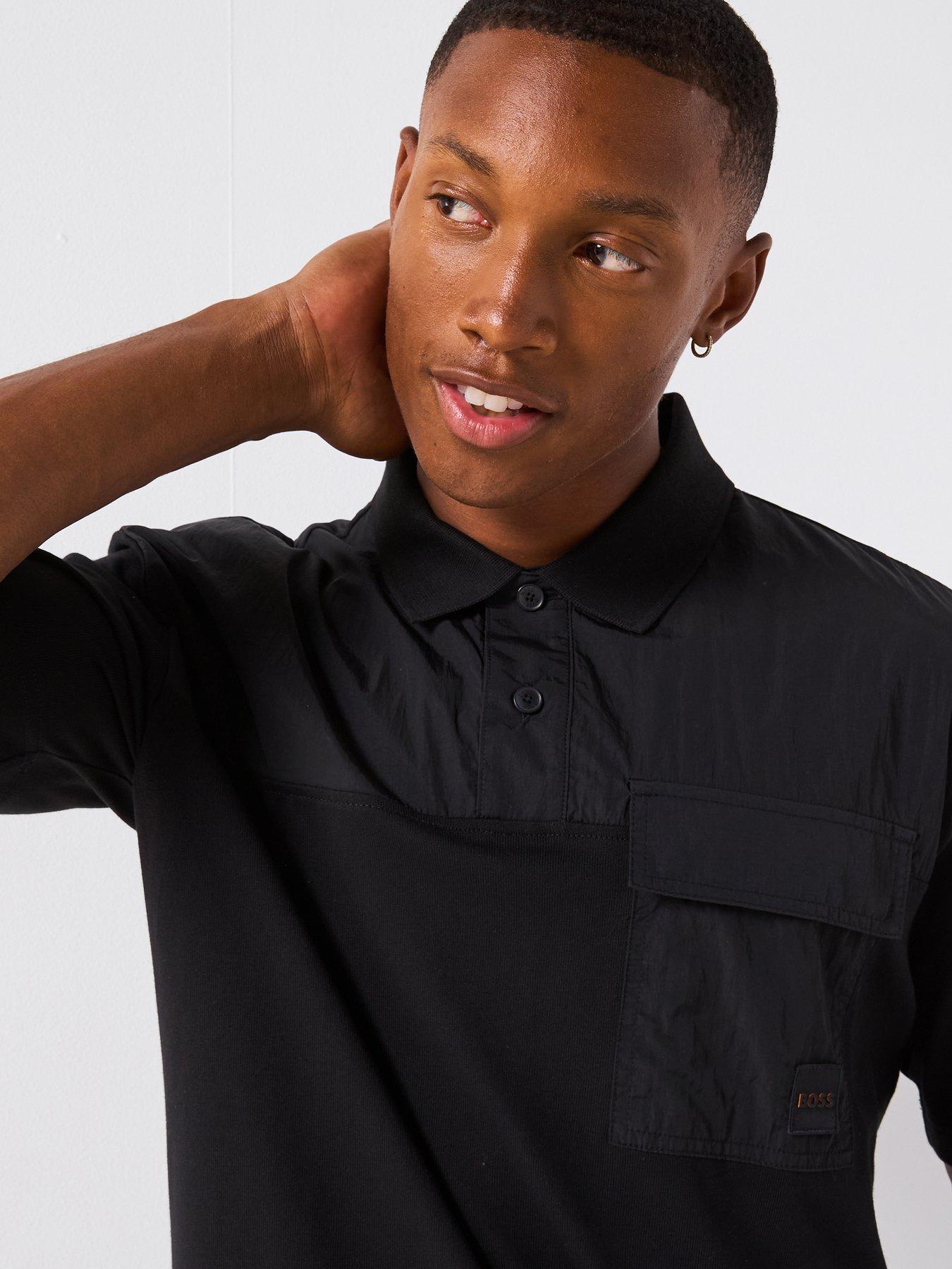 Image 4 of 6 of BOSS Panel Relaxed Fit Nylon Panel Polo Shirt - Black