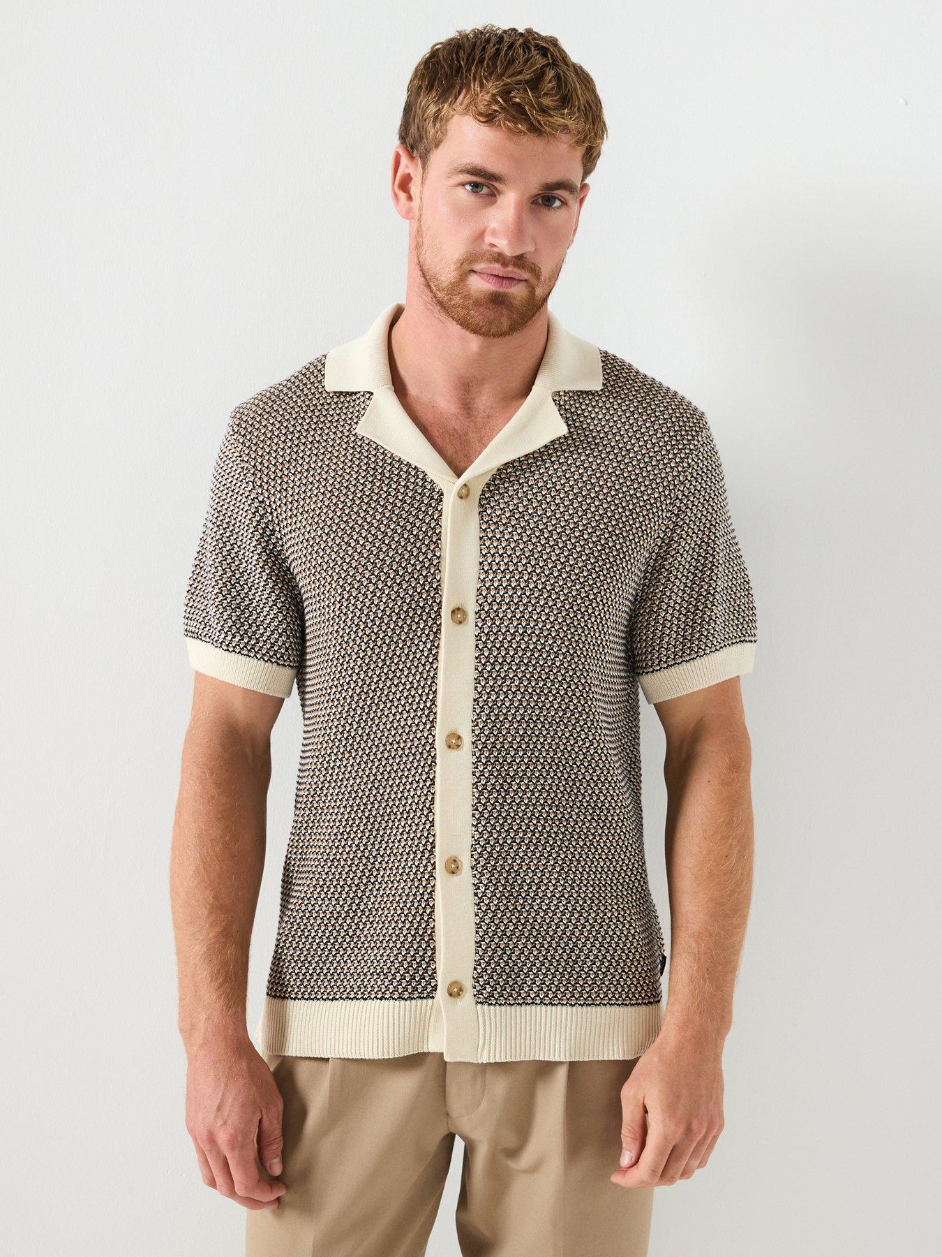 Image 1 of 6 of BOSS Boss C-iconico Knitted Revere Collar Short Sleeve Shirt - Beige