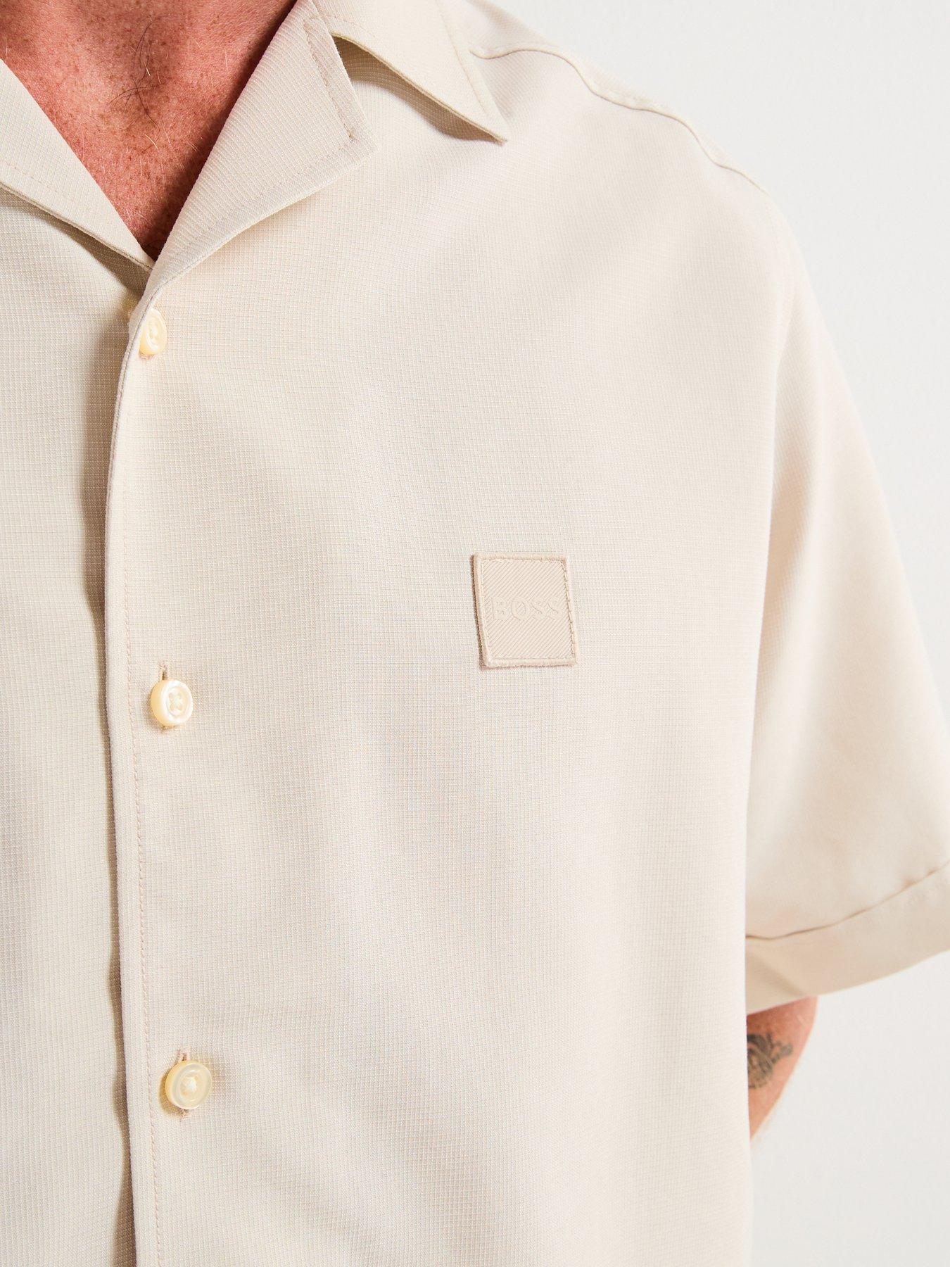 Image 4 of 4 of BOSS Lapisy Relaxed Fit Revere Collar Short Sleeve Shirt - Beige
