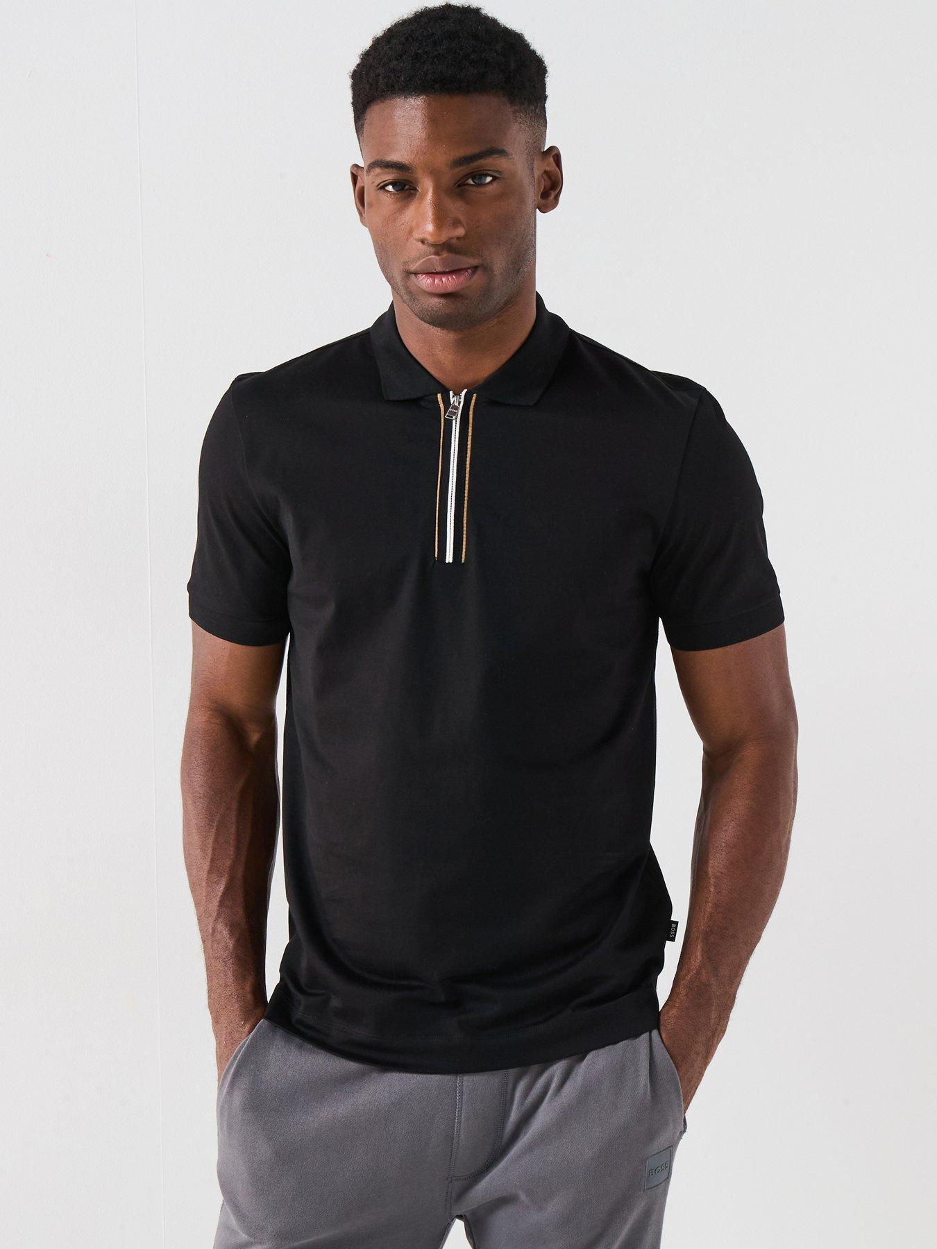 undefined Stripe Zip Neck Polo Shirt - Black