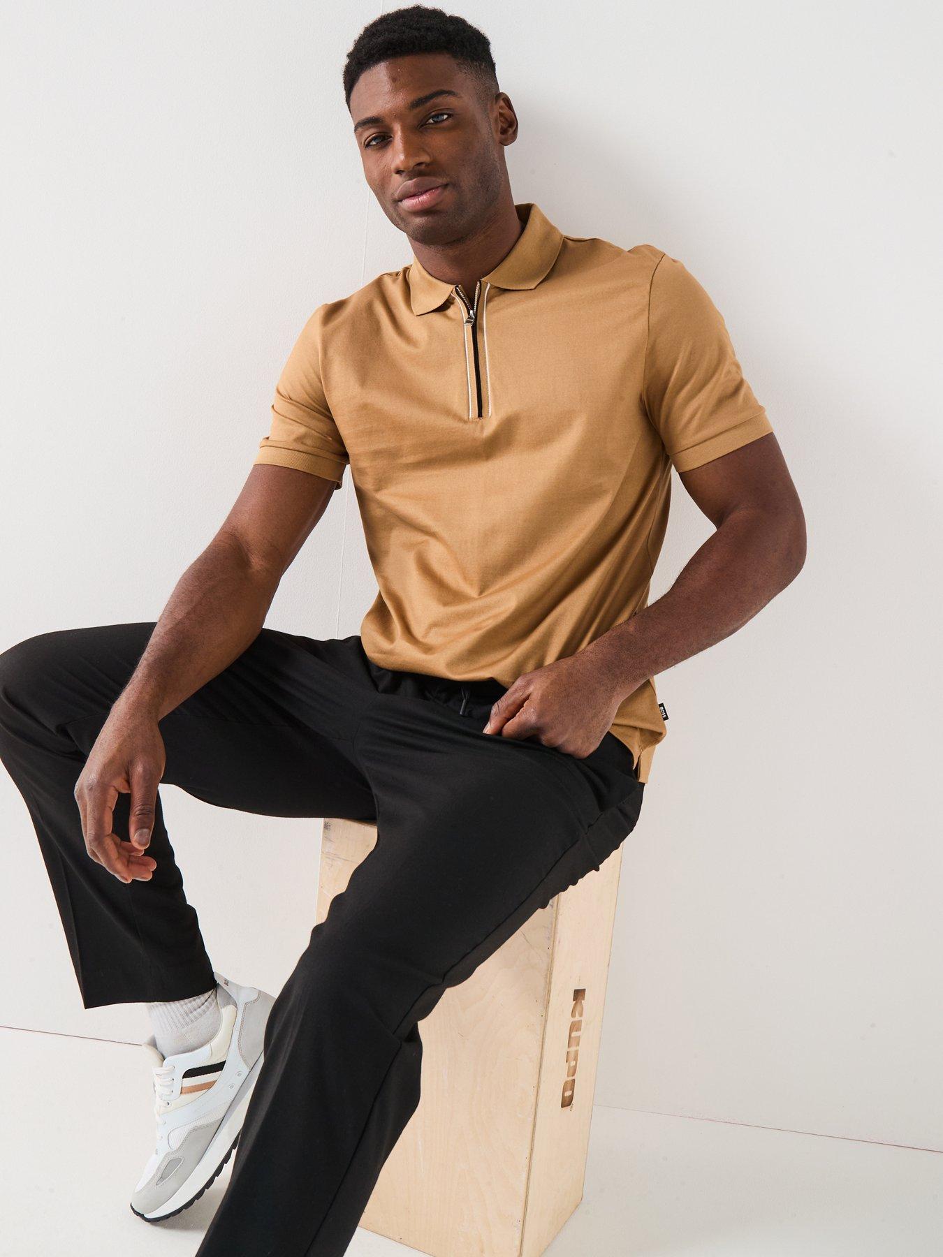 Image 4 of 6 of BOSS H-Paras 65 Regular Fit Global Stripezip Neck Polo Shirt - Dark Beige