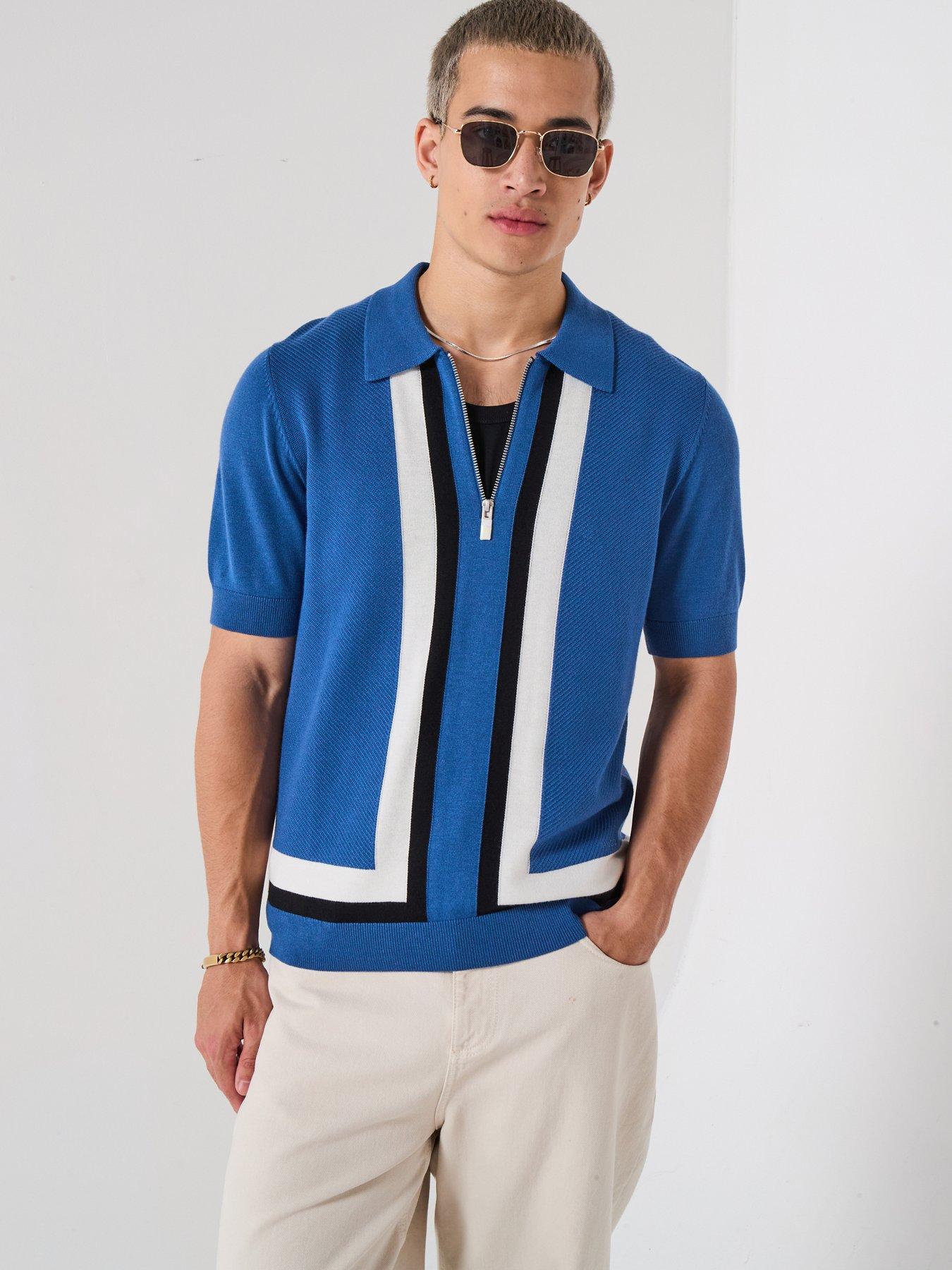 Image 1 of 6 of HUGO Sholpone 1/4 Zip Knitted Polo Shirt - Blue