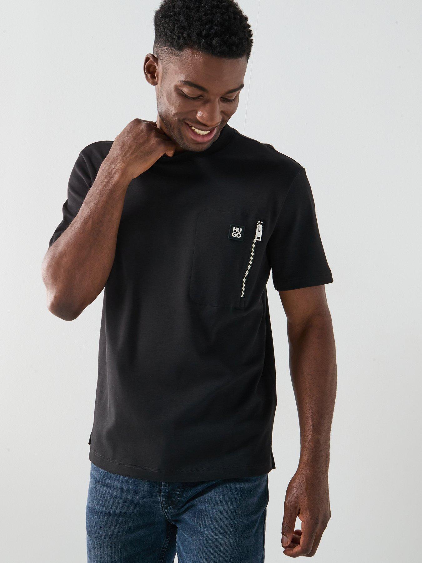 Image 1 of 5 of HUGO Relaxed Fit Dargentee Zip Pocket Stacked Logo T-Shirt - Black