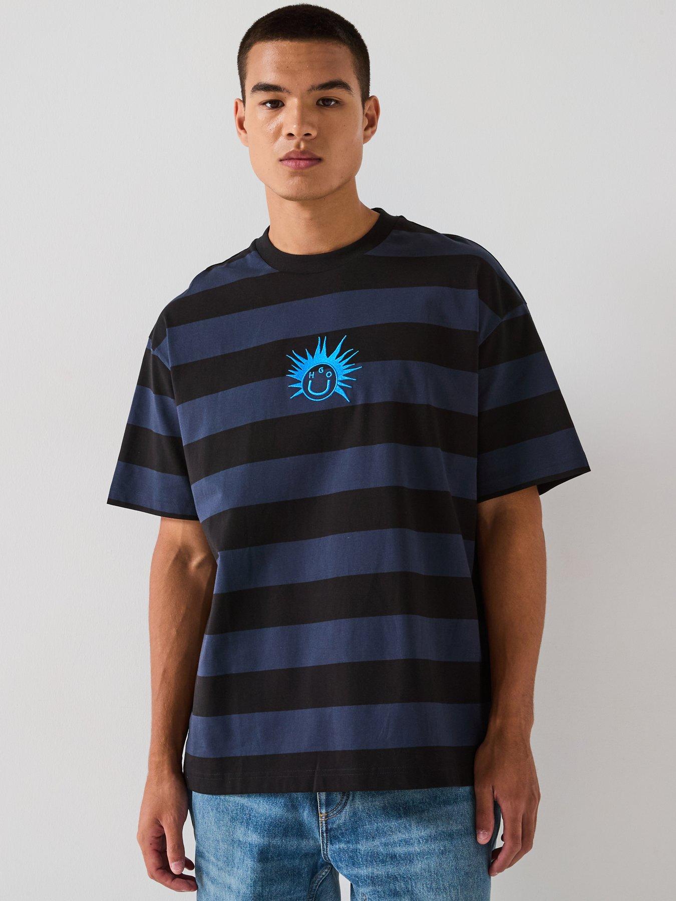 undefined Blue Nisite Loose Fit Smiley Face Stripe T-Shirt - Black