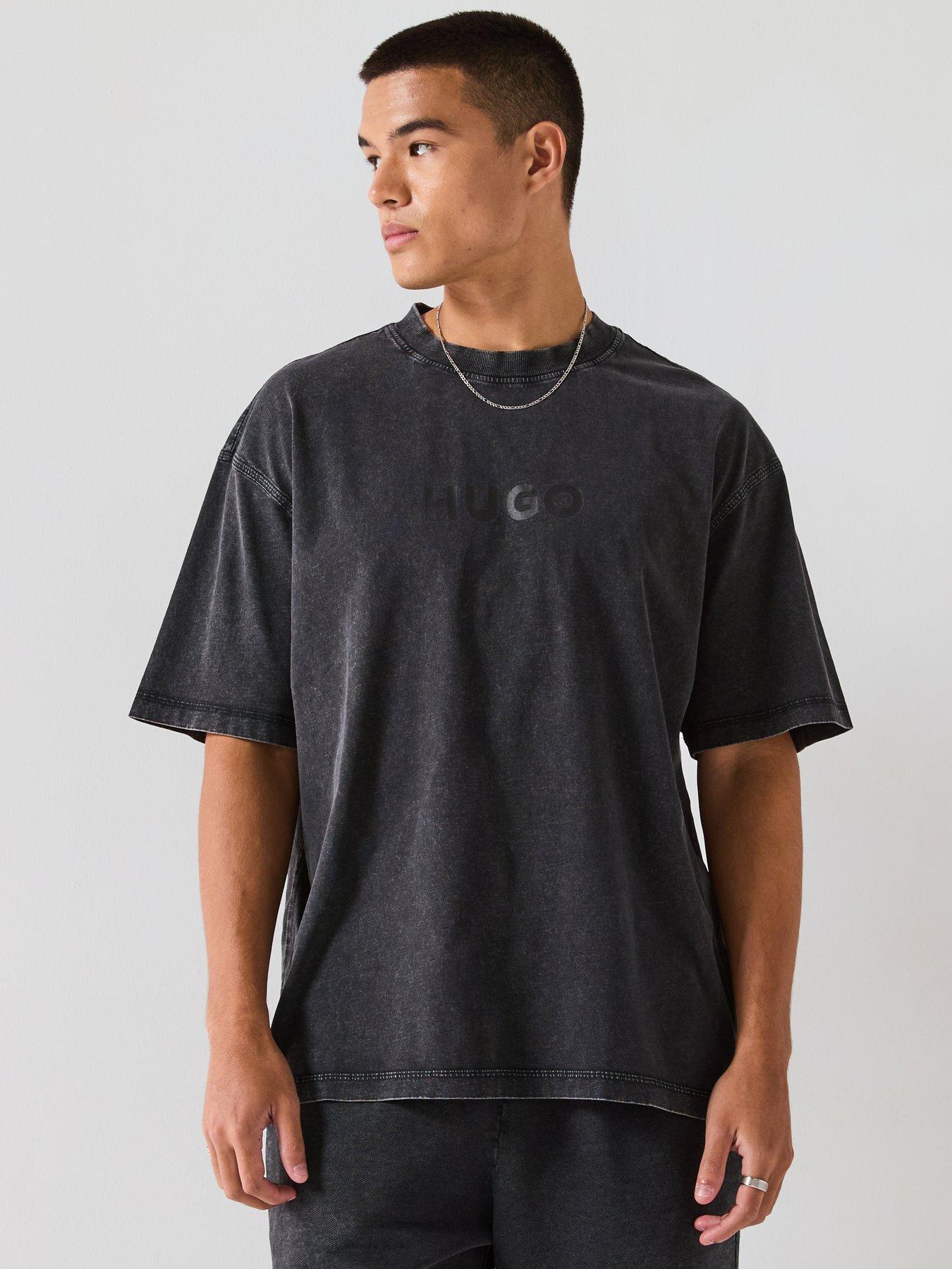 Image 1 of 6 of HUGO Blue Nebute Washed Loose Fit Centre Logo T-shirt - Black