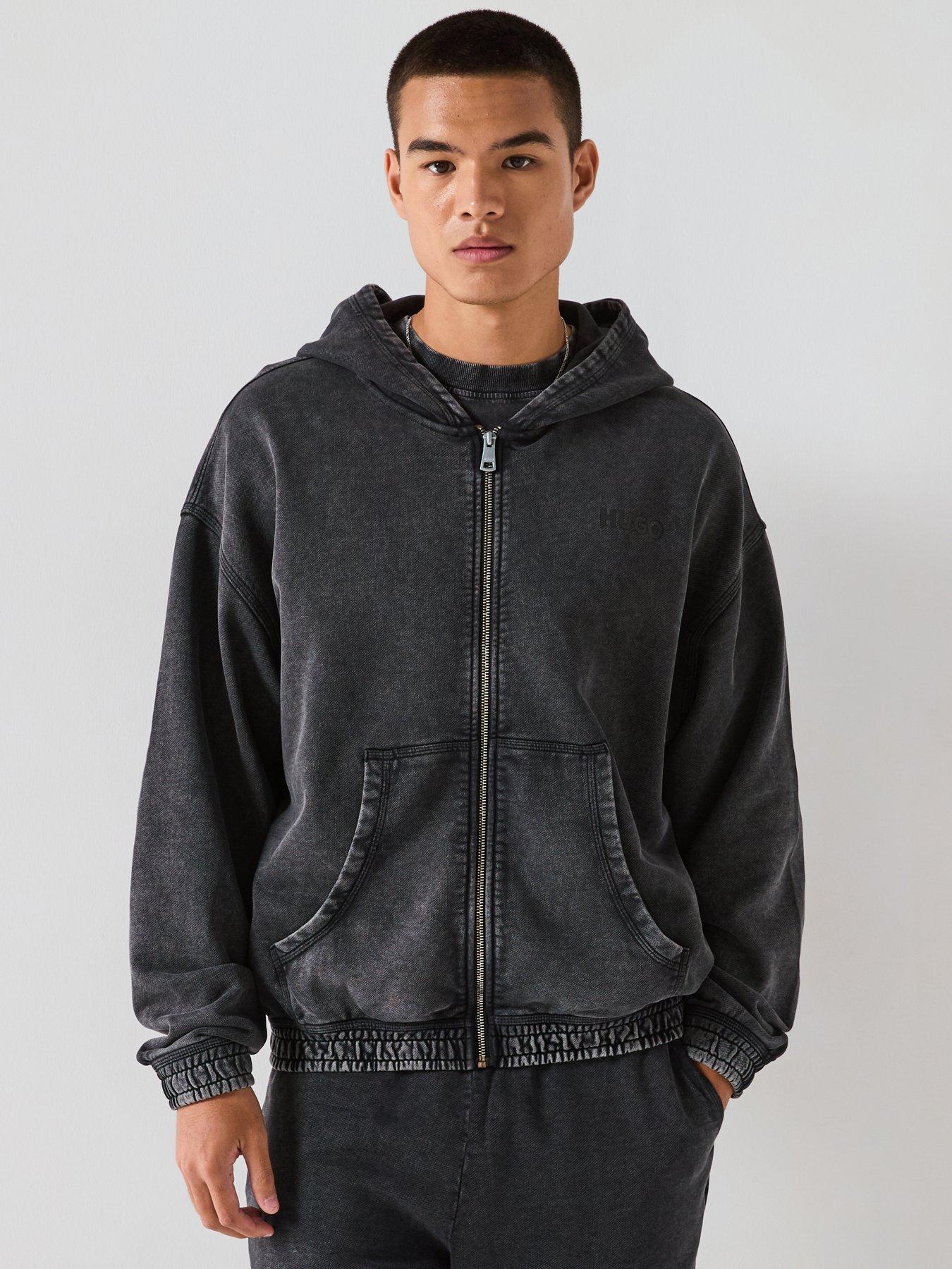  image of hugo-blue-nebudi-oversized-washed-zip-thru-hoodie-black