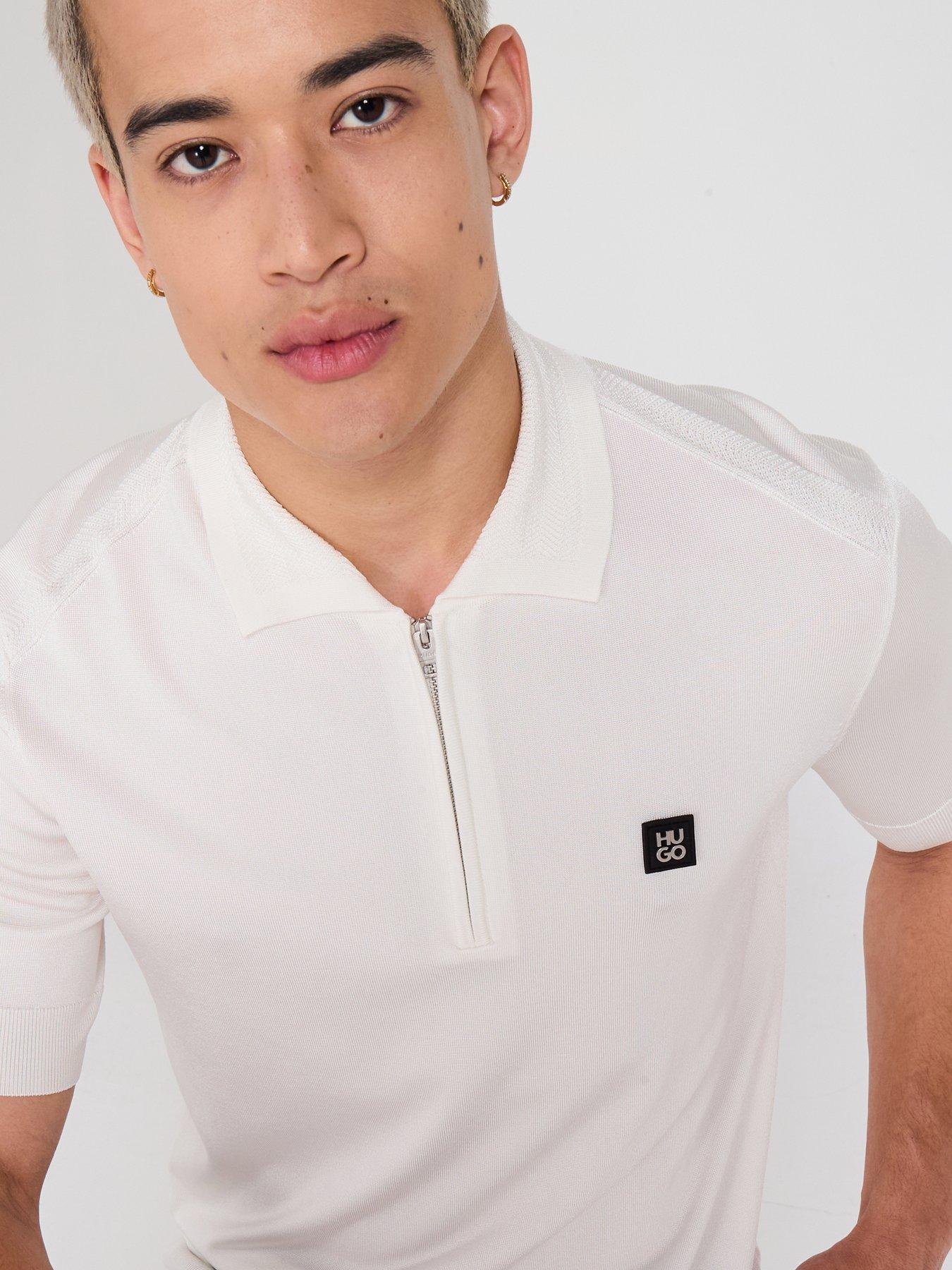 HUGO Sayfong-4 Zip Neck Stacked Logo Knitted Polo Shirt - White
