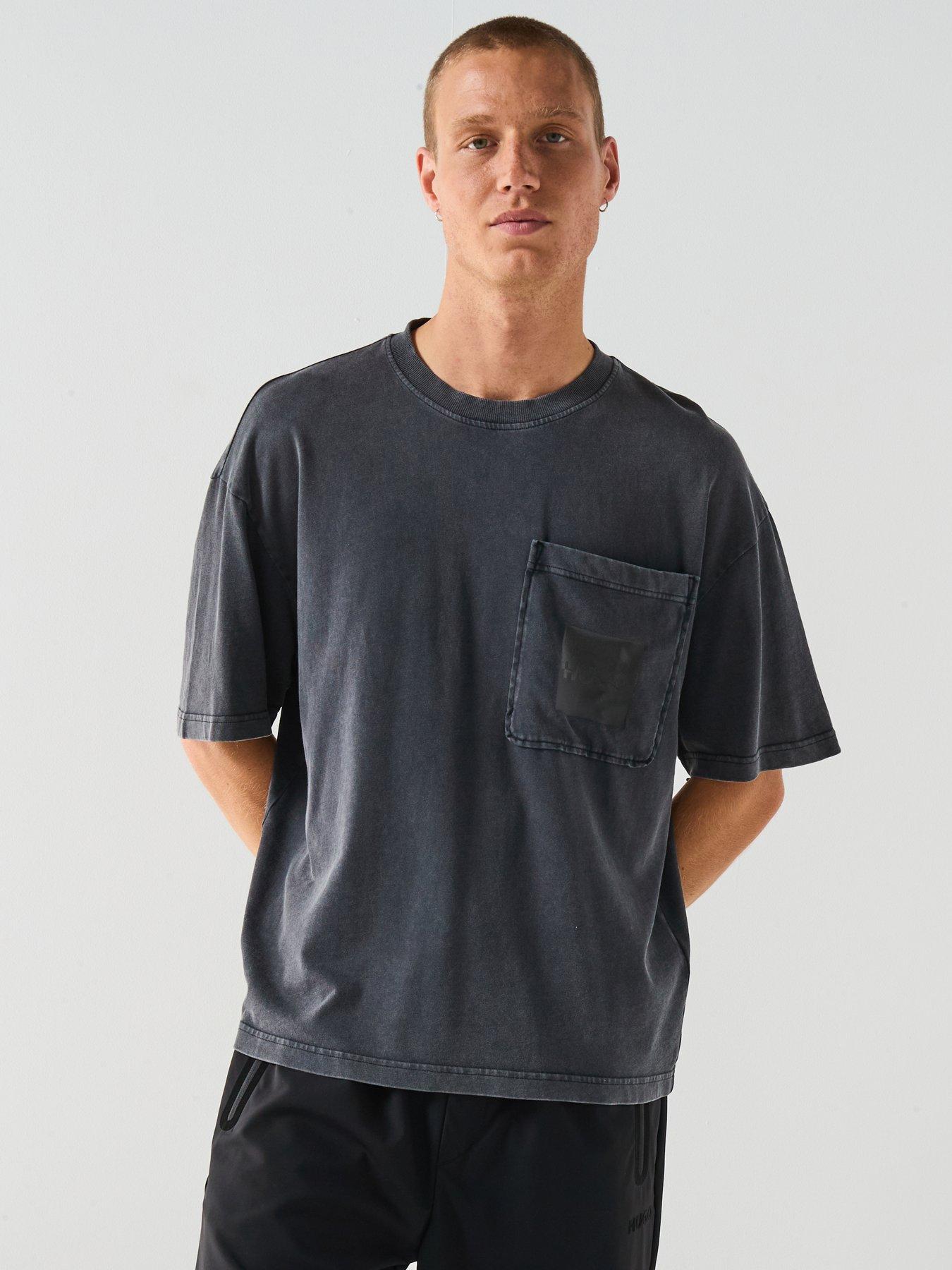 front image of hugo-oversized-fit-darfel-acid-washed-pocket-t-shirt-black