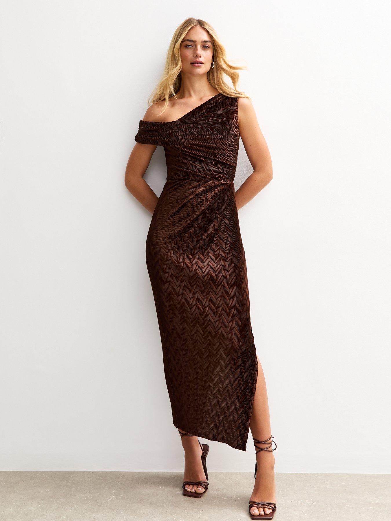 new-look-textured-one-shoulder-slit-hem-midi-dress-brown