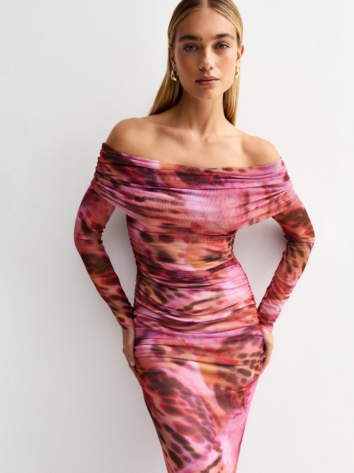 New Look Butterfly Print Mesh Bardot Midi Dress - Pink