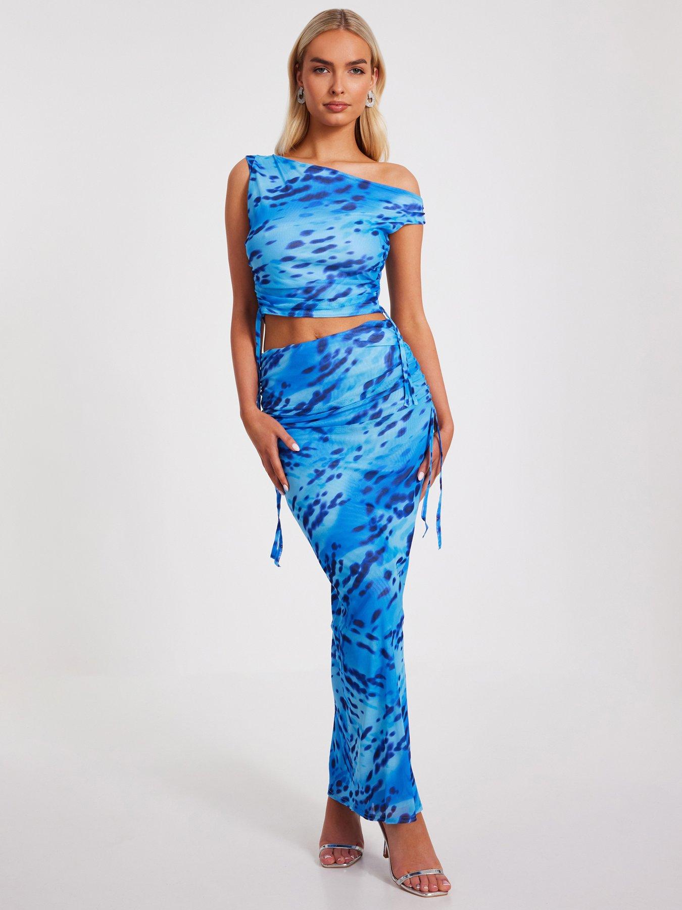 quiz-blue-mesh-animal-print-midaxi-skirt