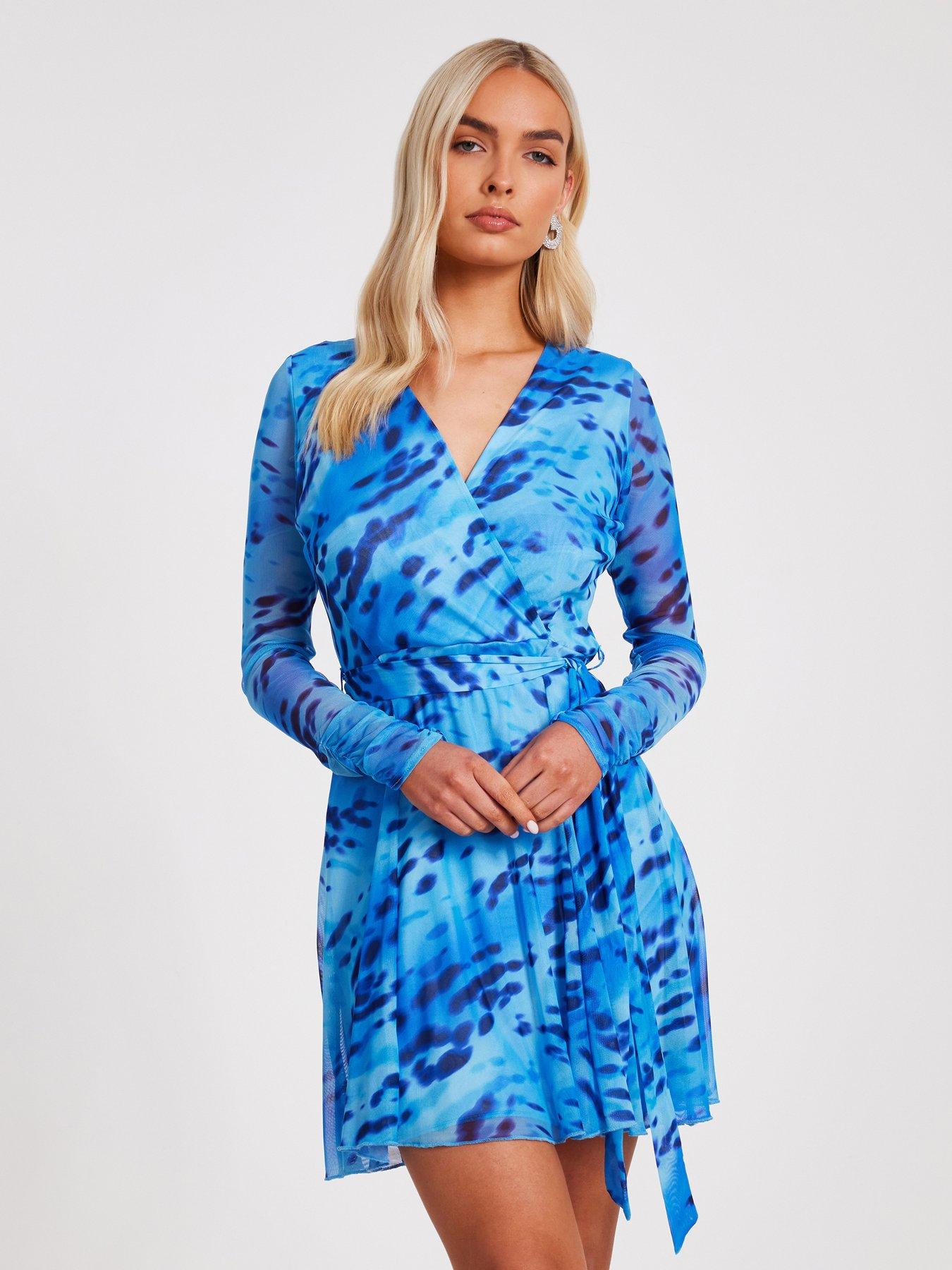 undefined Blue Mesh Animal Print Skater Dress