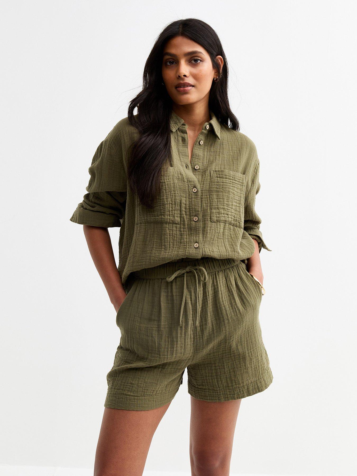 front image of new-look-khaki-green-textured-drawstring-waist-shorts