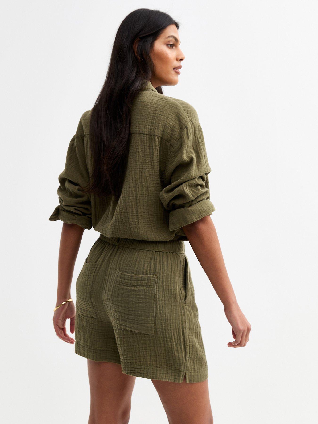 stillFront image of new-look-khaki-green-textured-drawstring-waist-shorts
