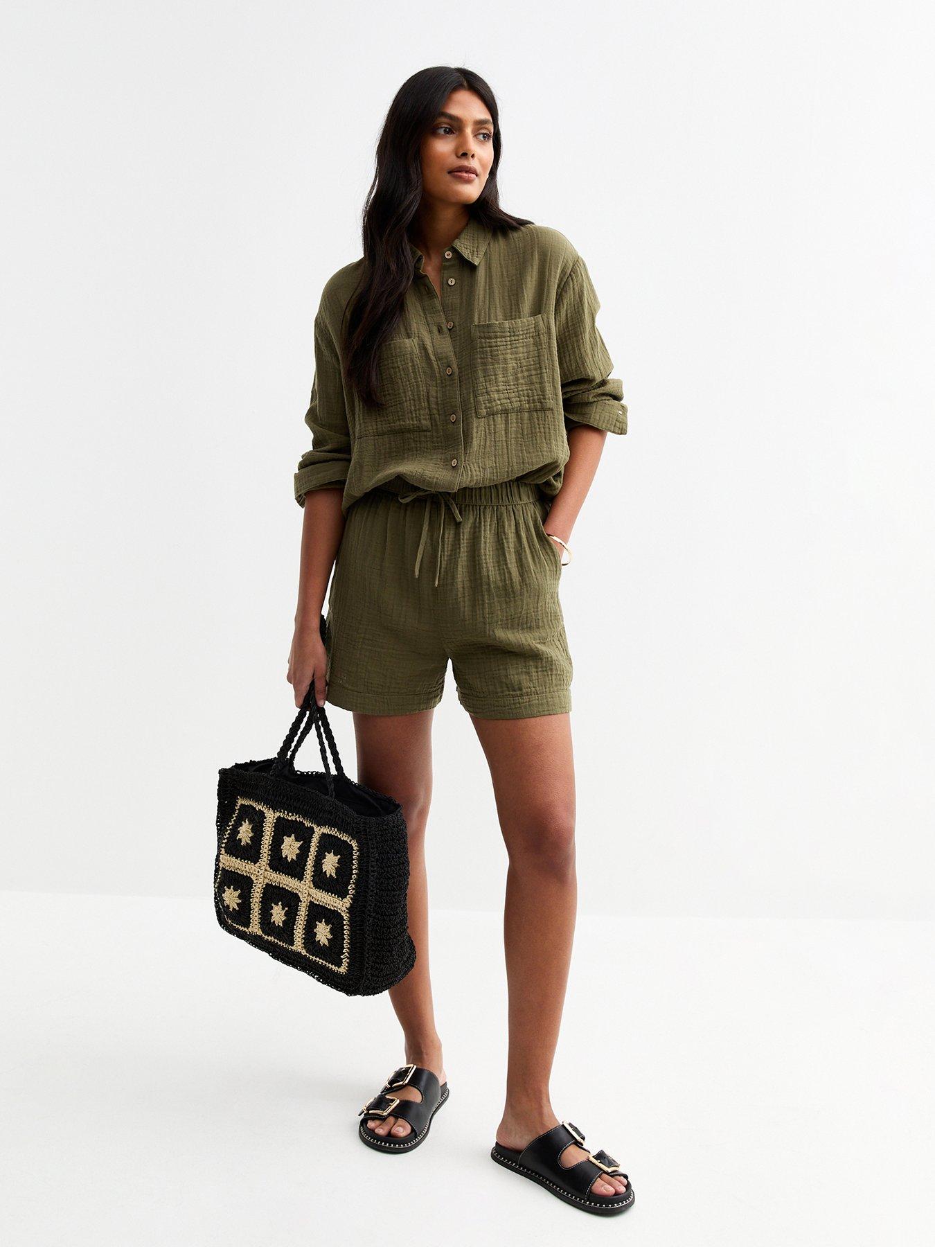  image of new-look-khaki-green-textured-drawstring-waist-shorts