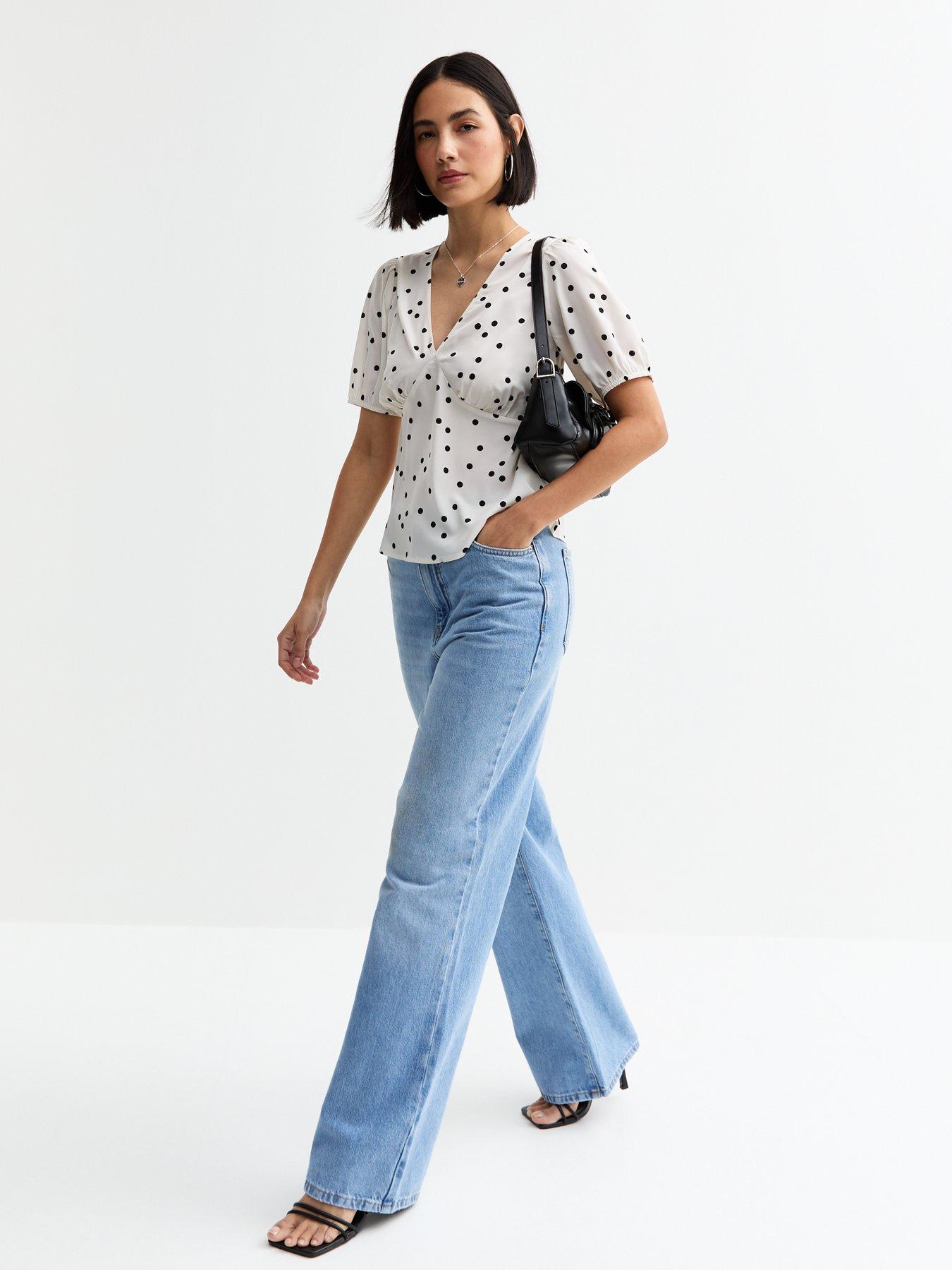  image of new-look-white-spot-print-v-neck-tea-blouse