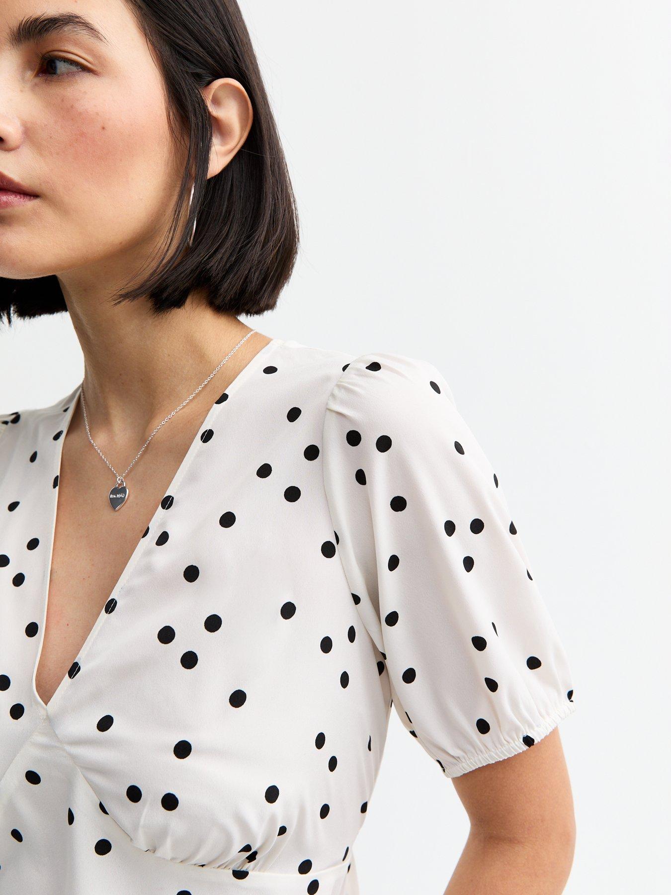  image of new-look-white-spot-print-v-neck-tea-blouse