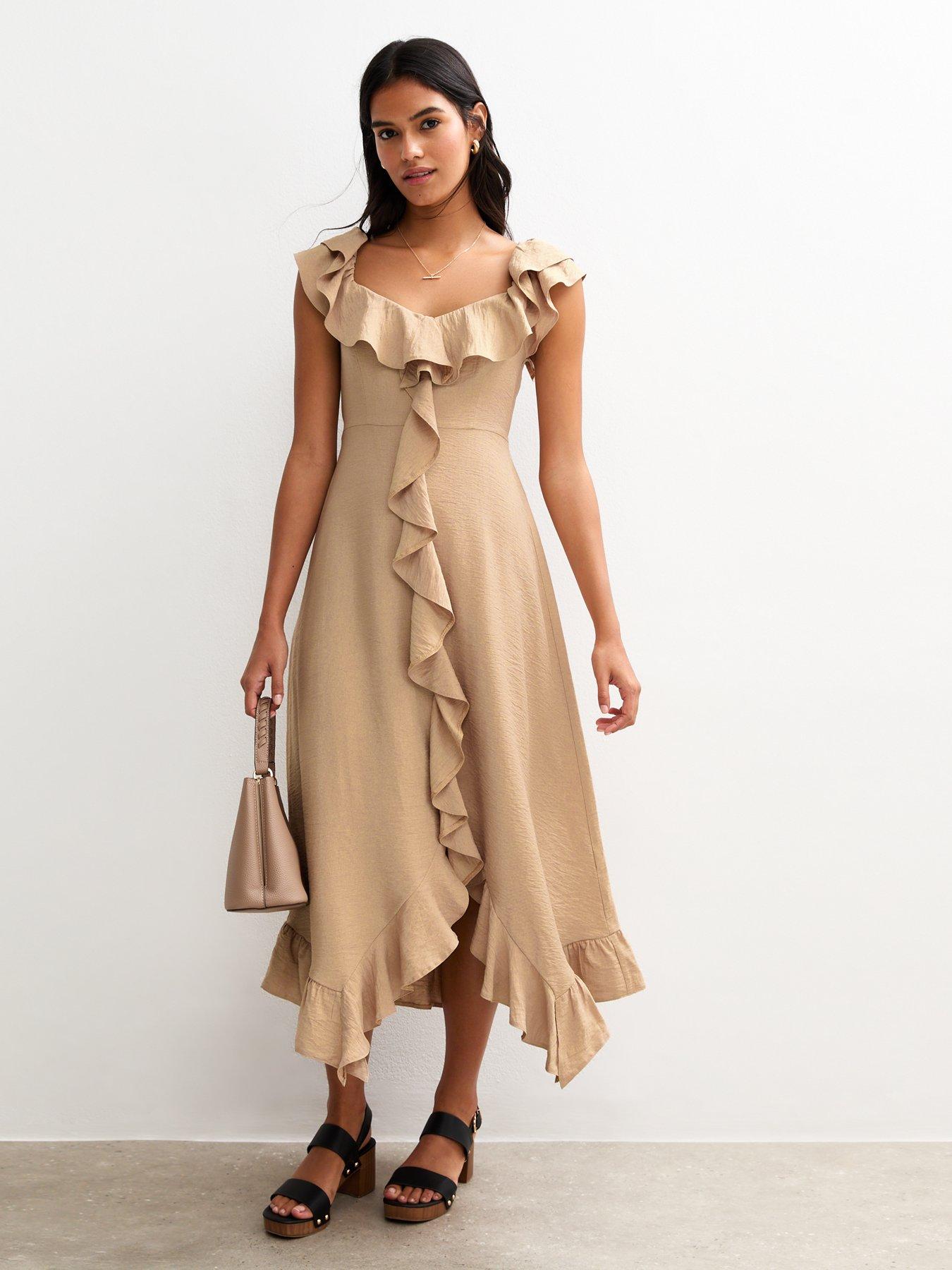 undefined Stone Ruffled Trim Asymmetric Hem Midi Dress