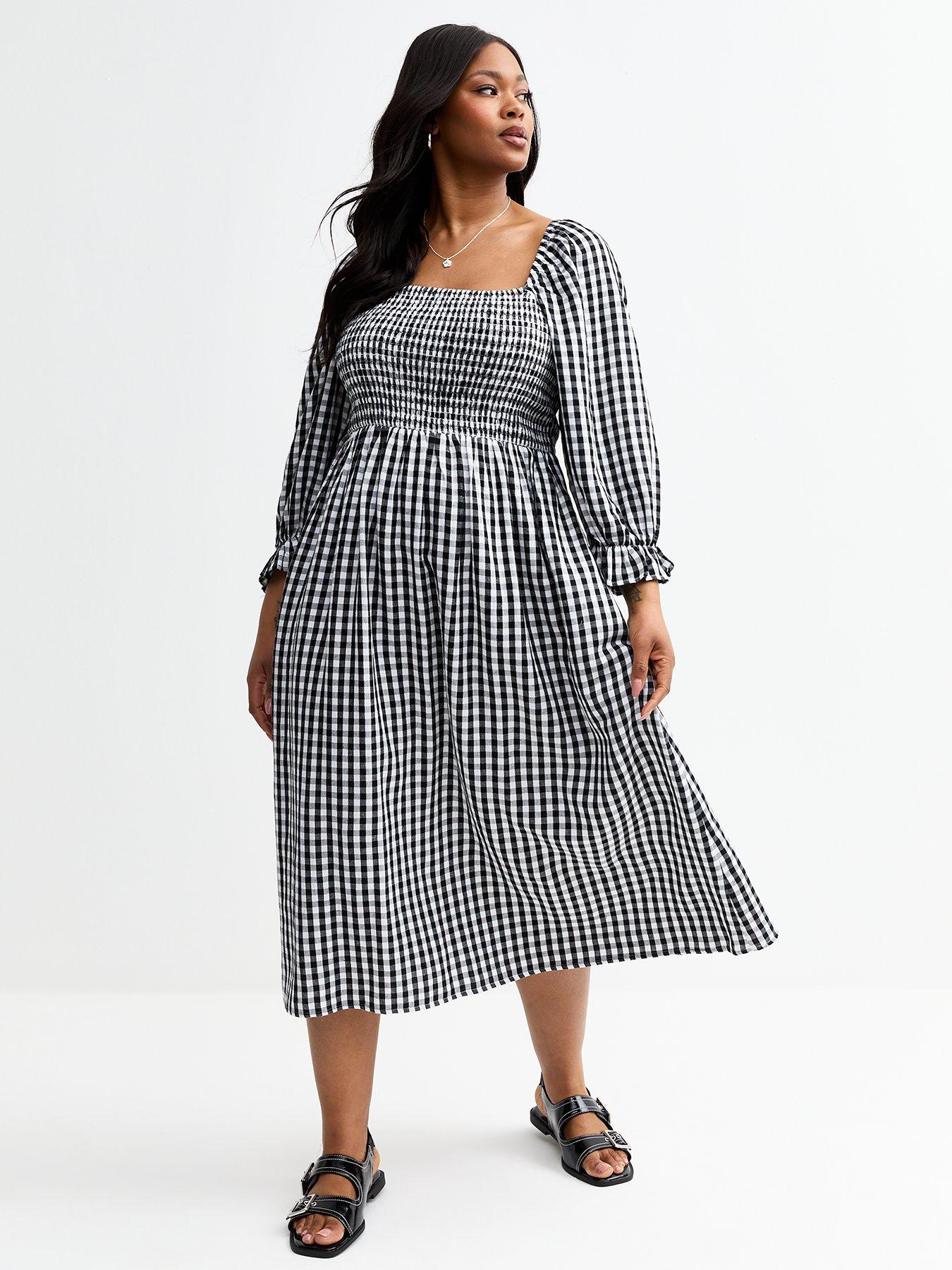 New Look Curves Gingham Print Shirred Bust Midi Dress - Black