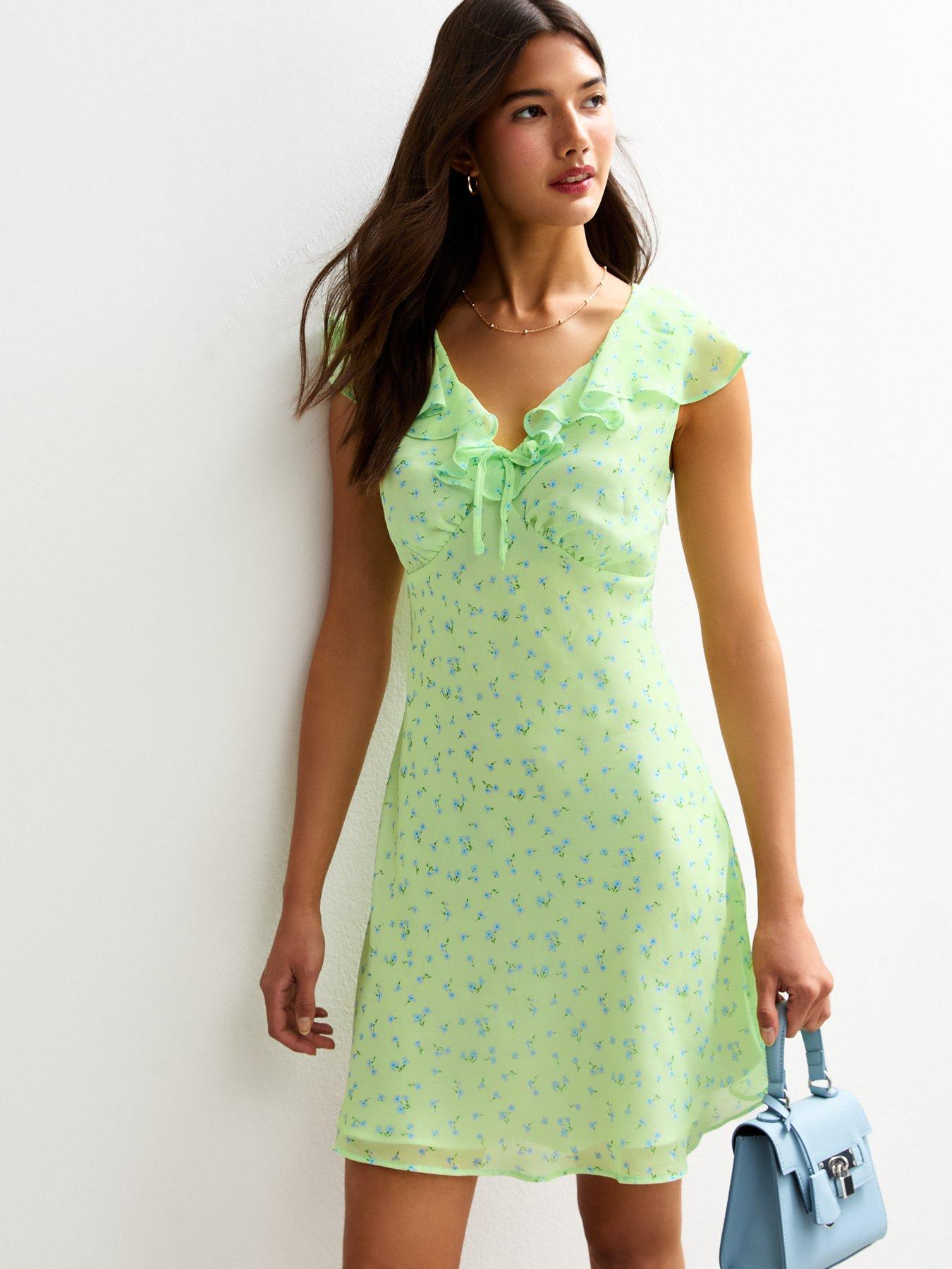 Image 3 of 4 of New Look Ditsy Print Ruffle Trim Chiffon Mini Dress - Green