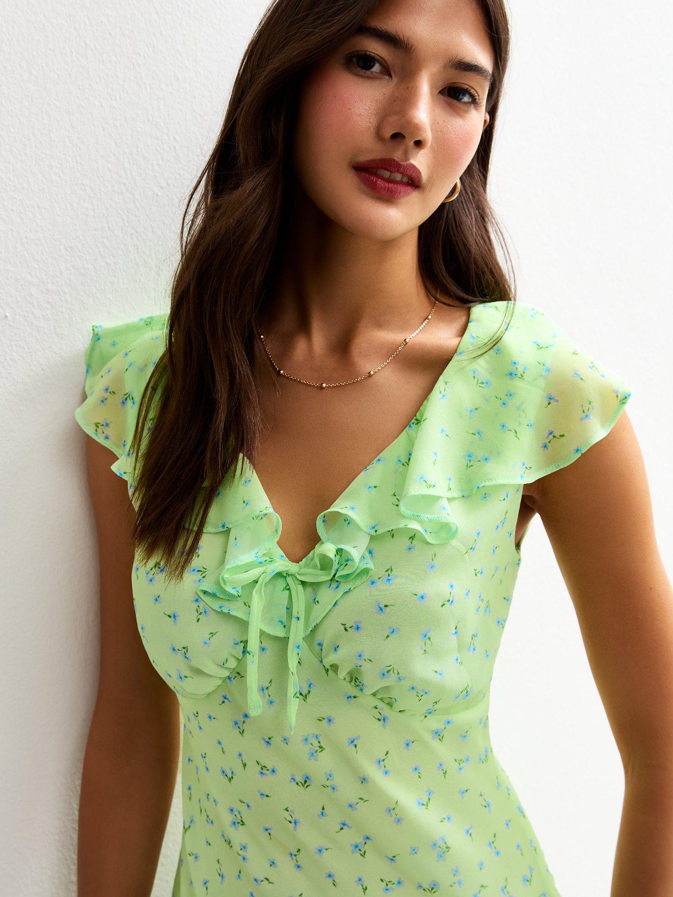 Image 4 of 4 of New Look Ditsy Print Ruffle Trim Chiffon Mini Dress - Green