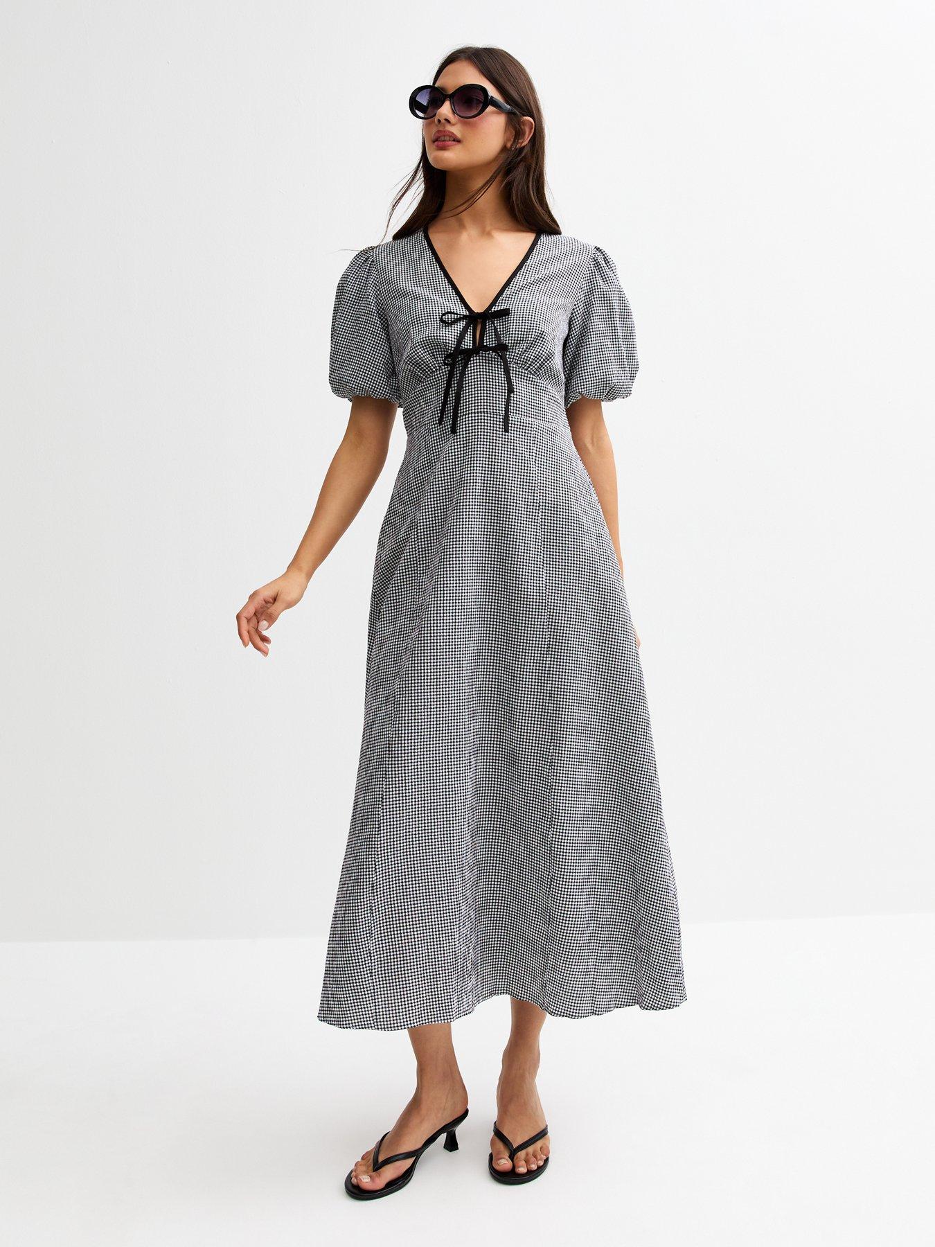  image of new-look-gingham-check-tie-neck-midi-dress-black