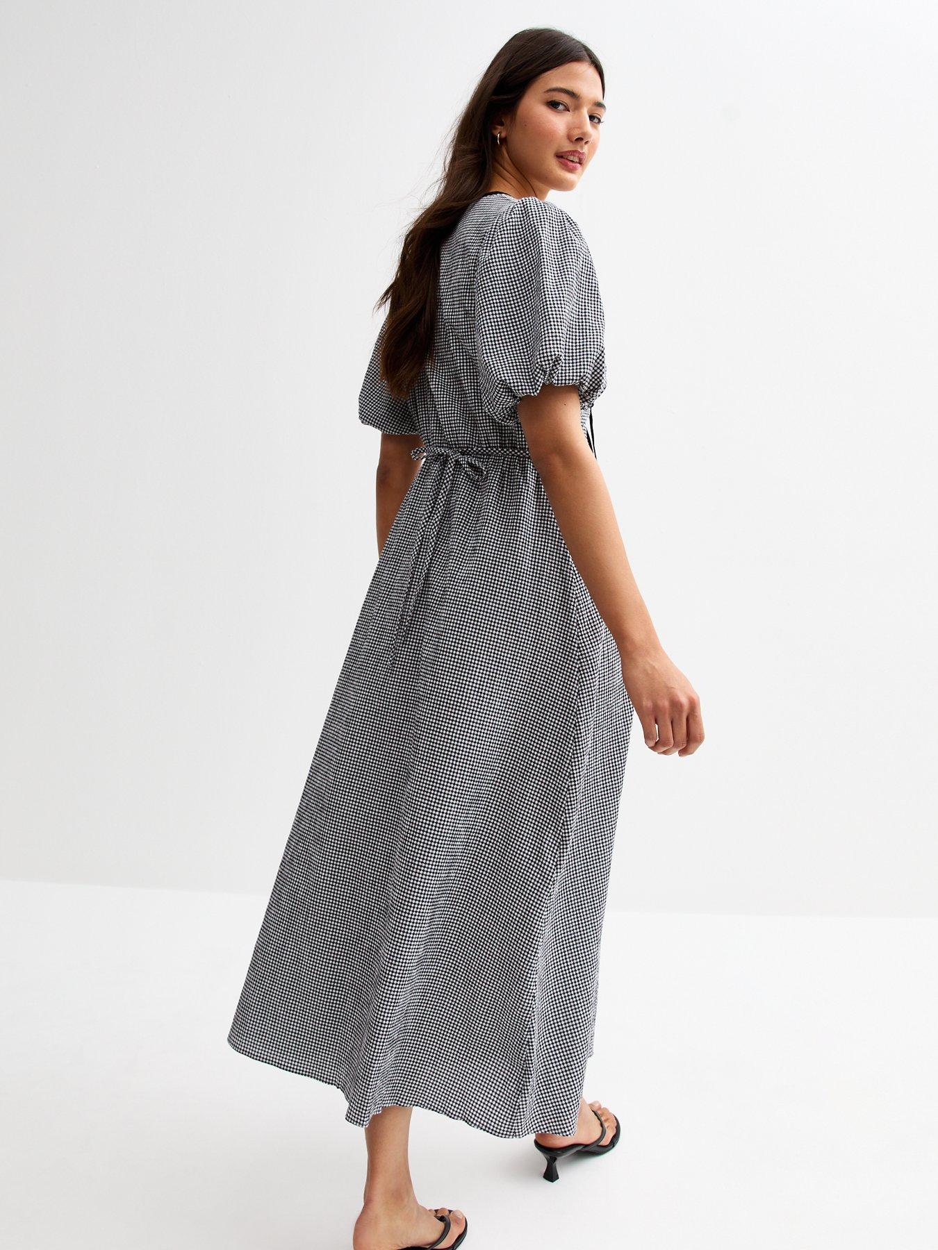  image of new-look-gingham-check-tie-neck-midi-dress-black