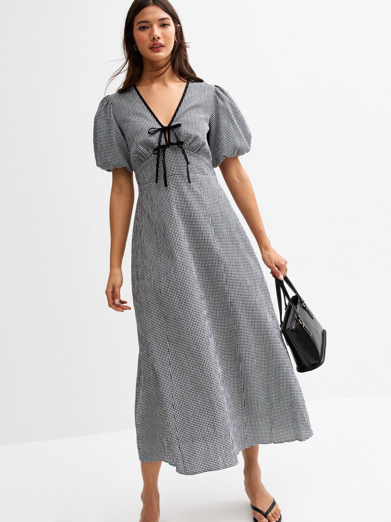  image of new-look-gingham-check-tie-neck-midi-dress-black