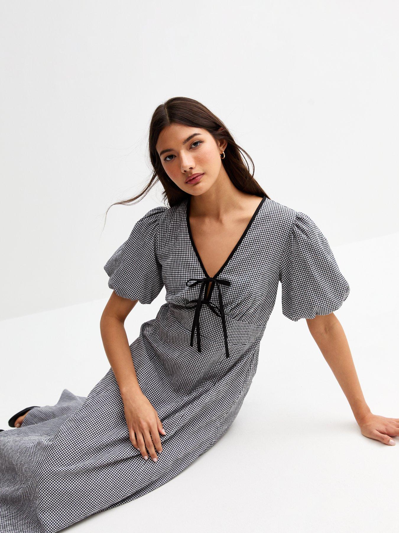  image of new-look-gingham-check-tie-neck-midi-dress-black
