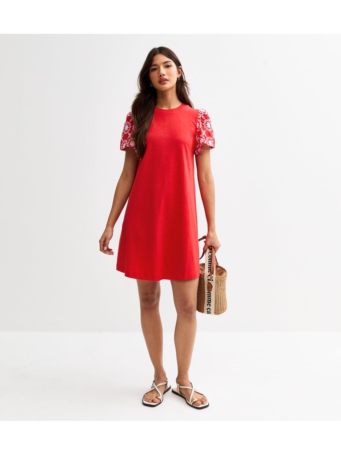 undefined Broderie Sleeve Mini Swing Dress - Red