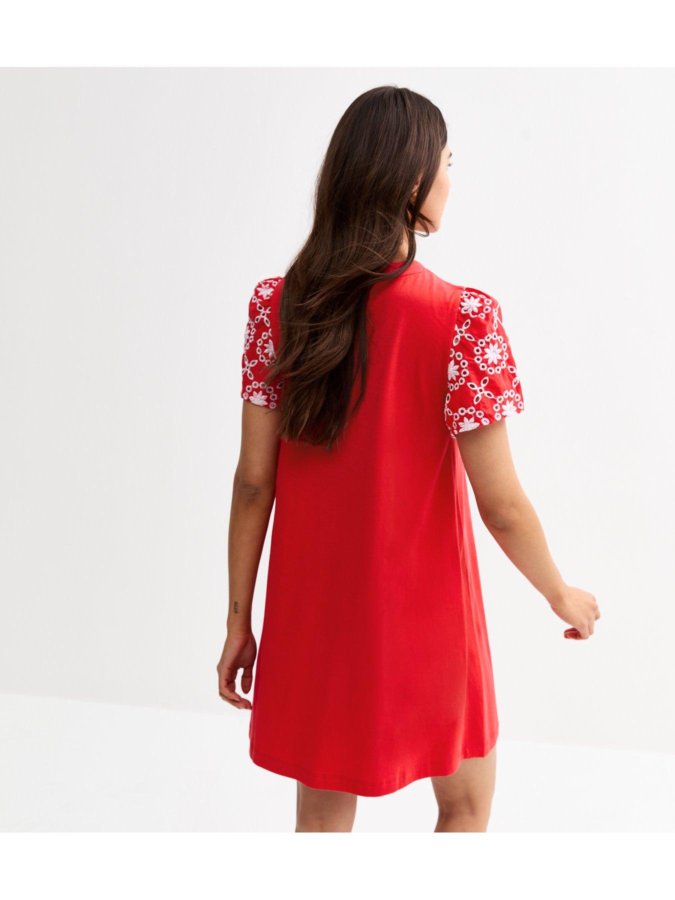  image of new-look-broderie-sleeve-mini-swing-dress-red