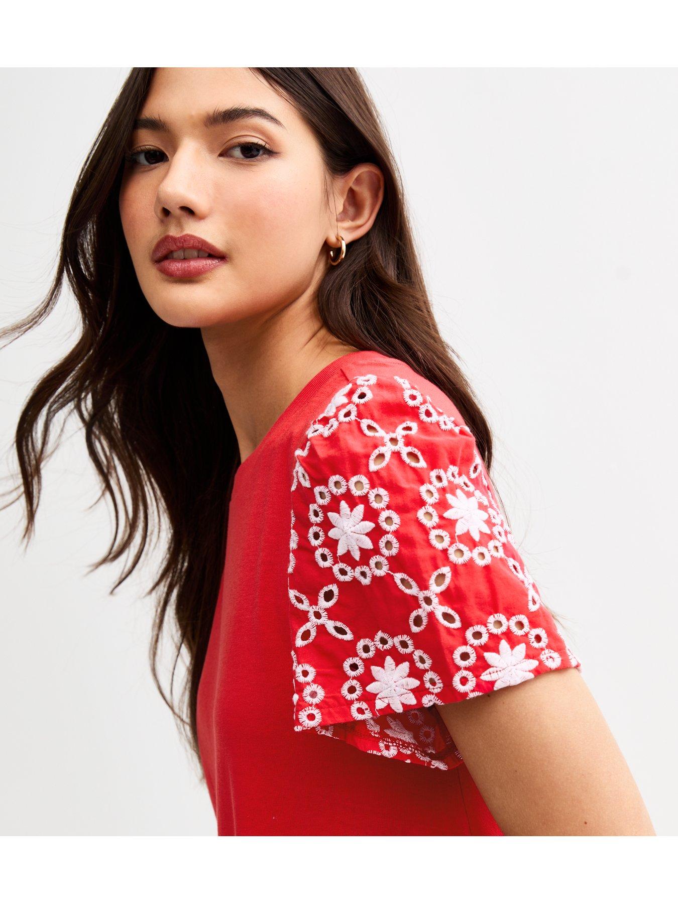  image of new-look-broderie-sleeve-mini-swing-dress-red