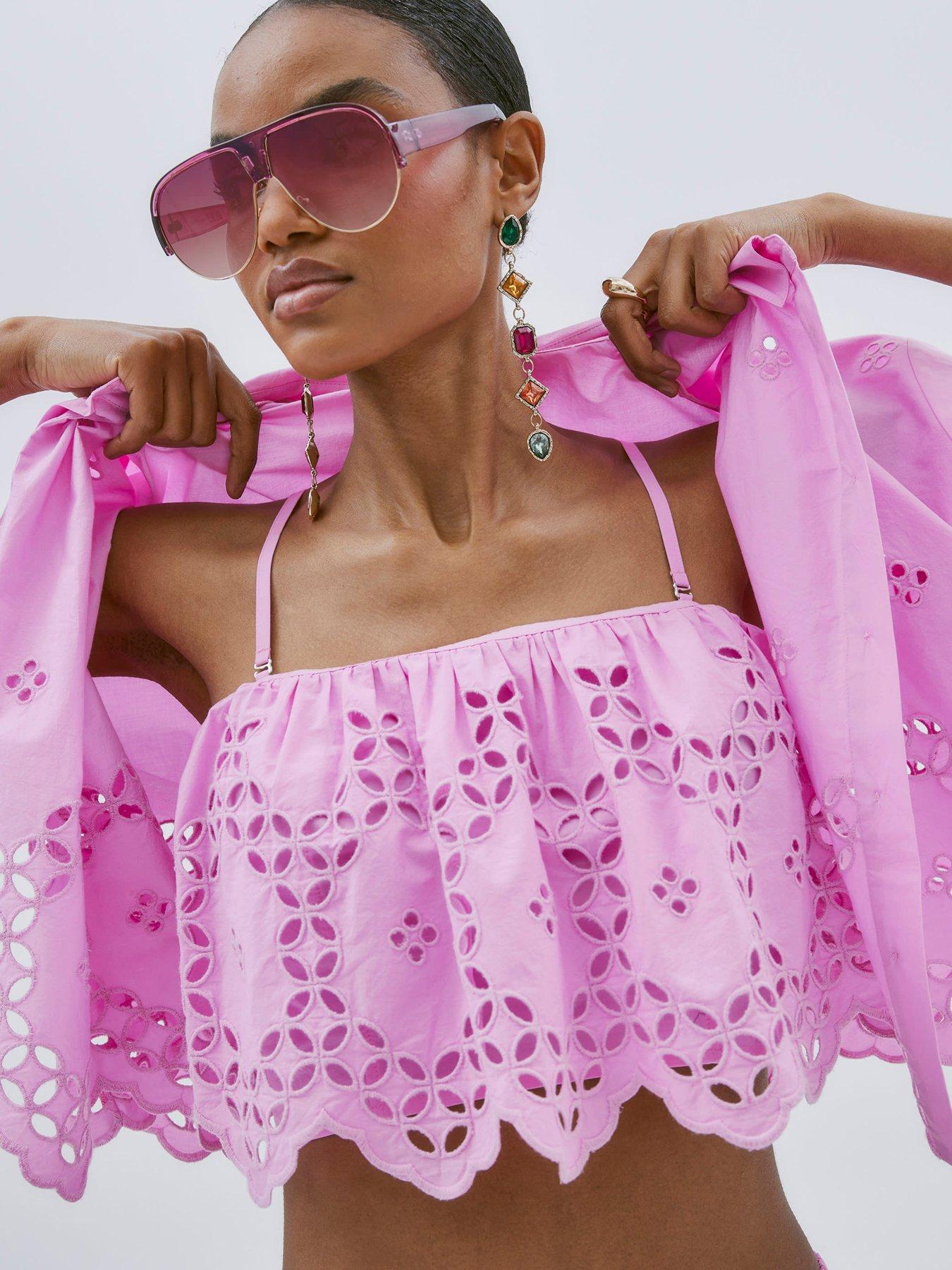 River Island Cropped Broderie Cami Top - Pink