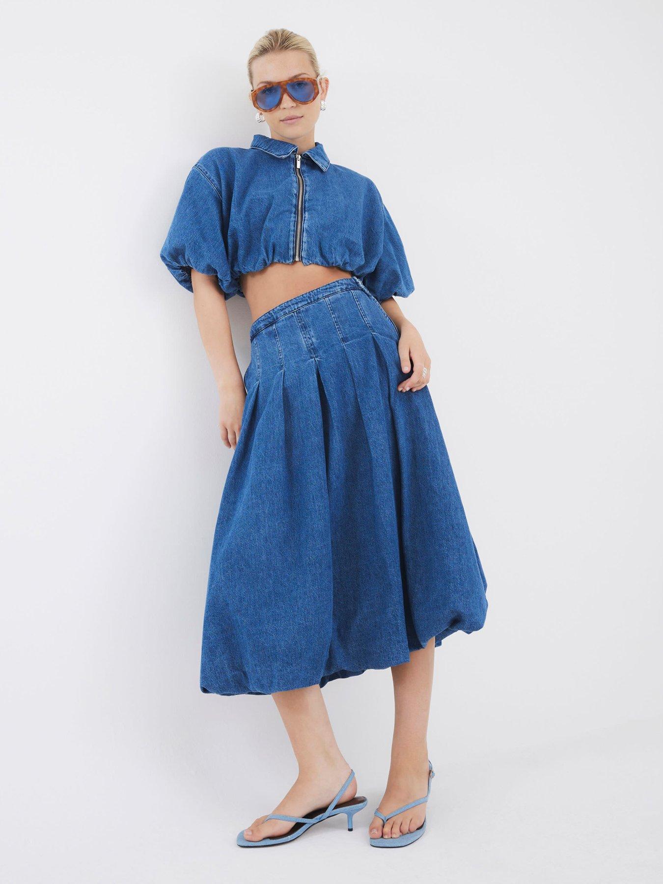 undefined Jack Puffball Denim Midi Skirt - Blue