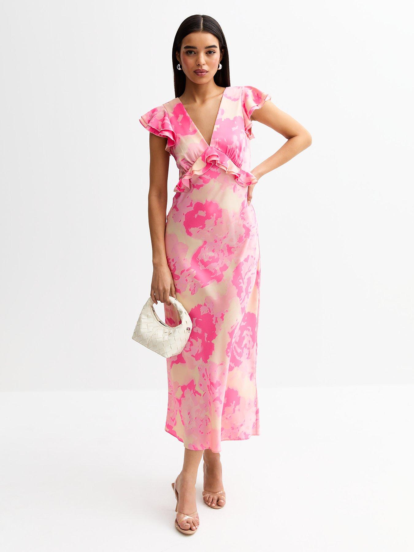 new-look-floral-print-ruffled-trimmed-satin-midi-dress-pink