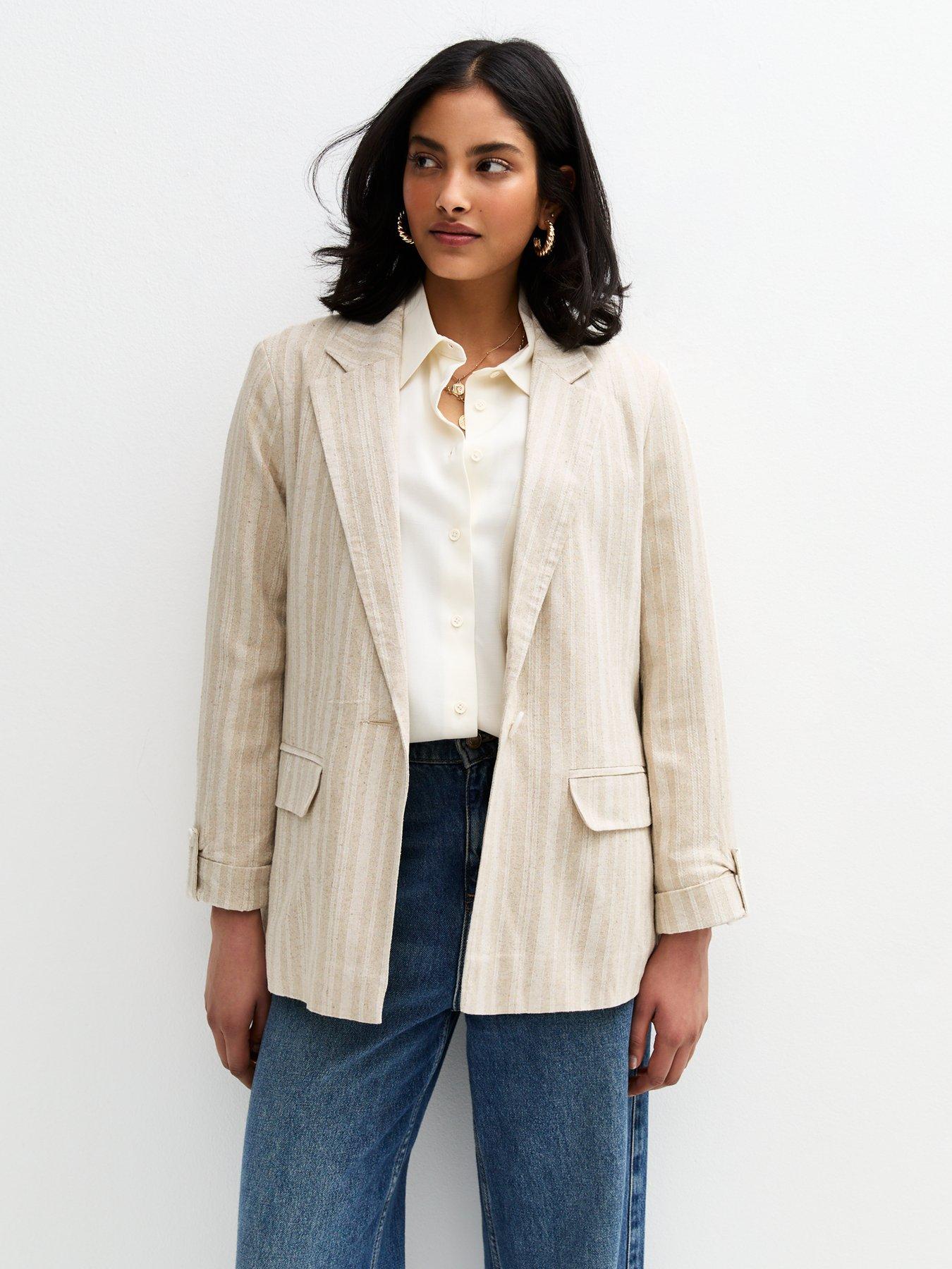 undefined Button Front Striped Tailored Blazer - Cream