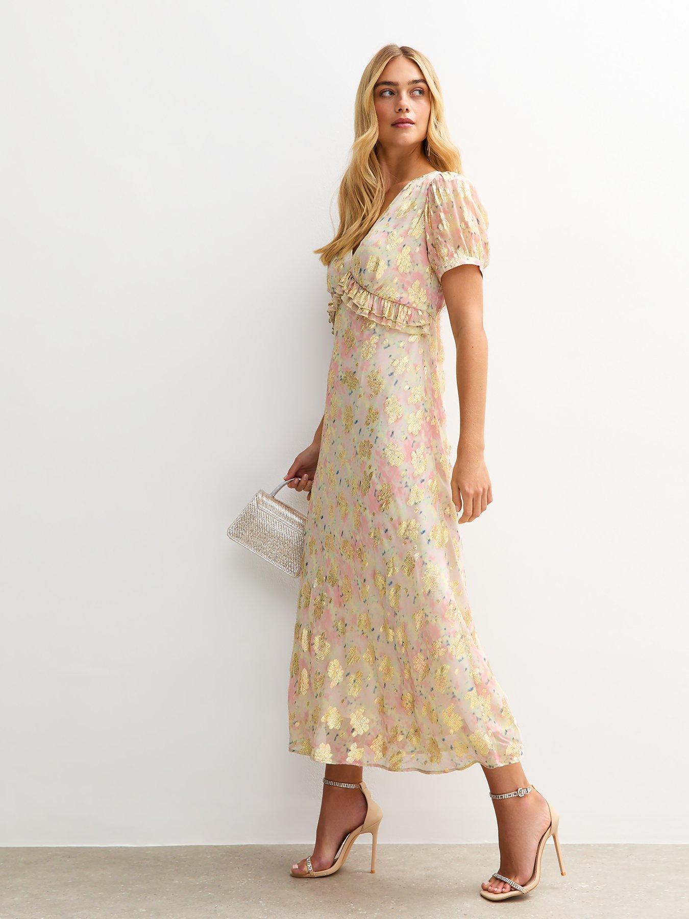 new-look-metallic-jacquard-puff-sleeve-midi-dress-pink