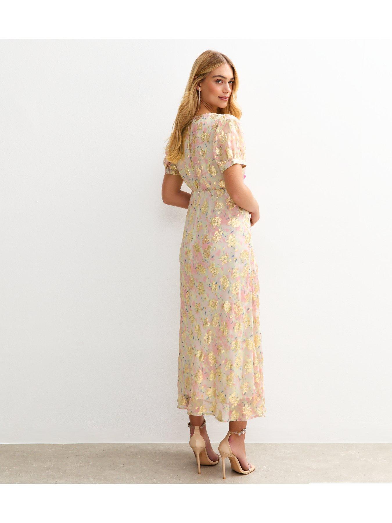 stillFront image of new-look-metallic-jacquard-puff-sleeve-midi-dress-pink