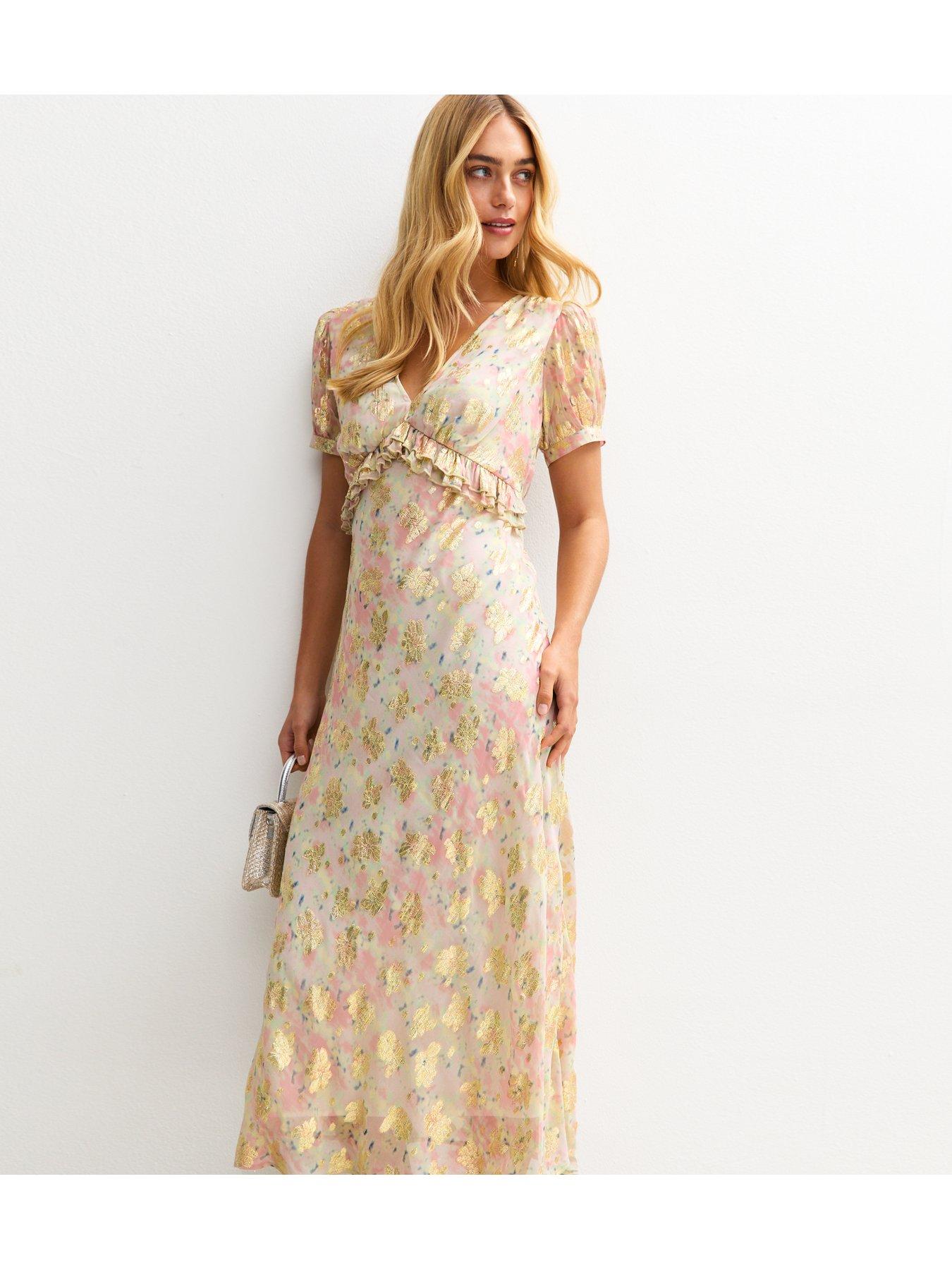  image of new-look-metallic-jacquard-puff-sleeve-midi-dress-pink