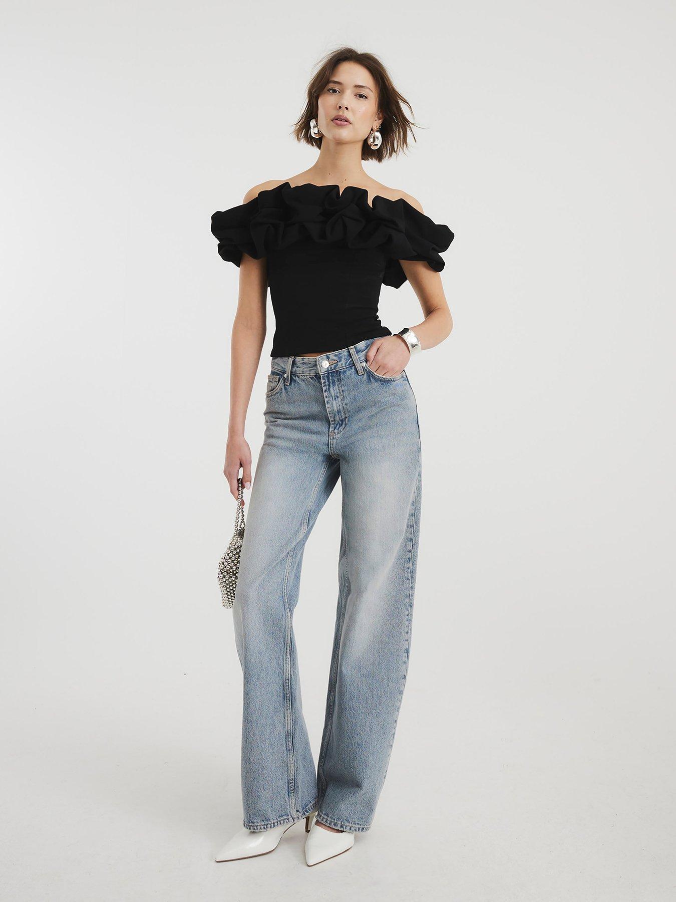 undefined Ruffle Bardot Top - Black