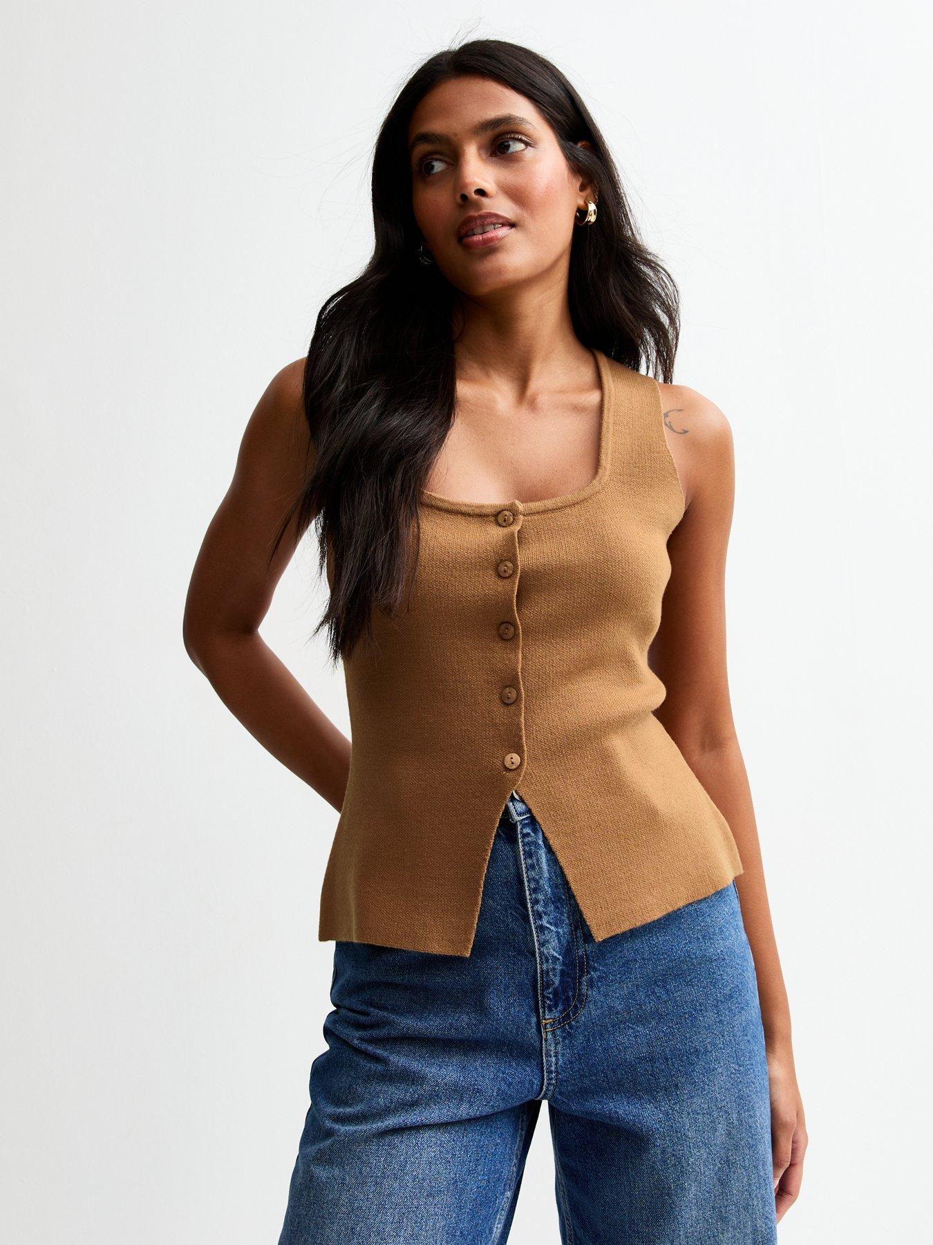 new-look-tan-compact-knit-square-neck-waistcoat-brown
