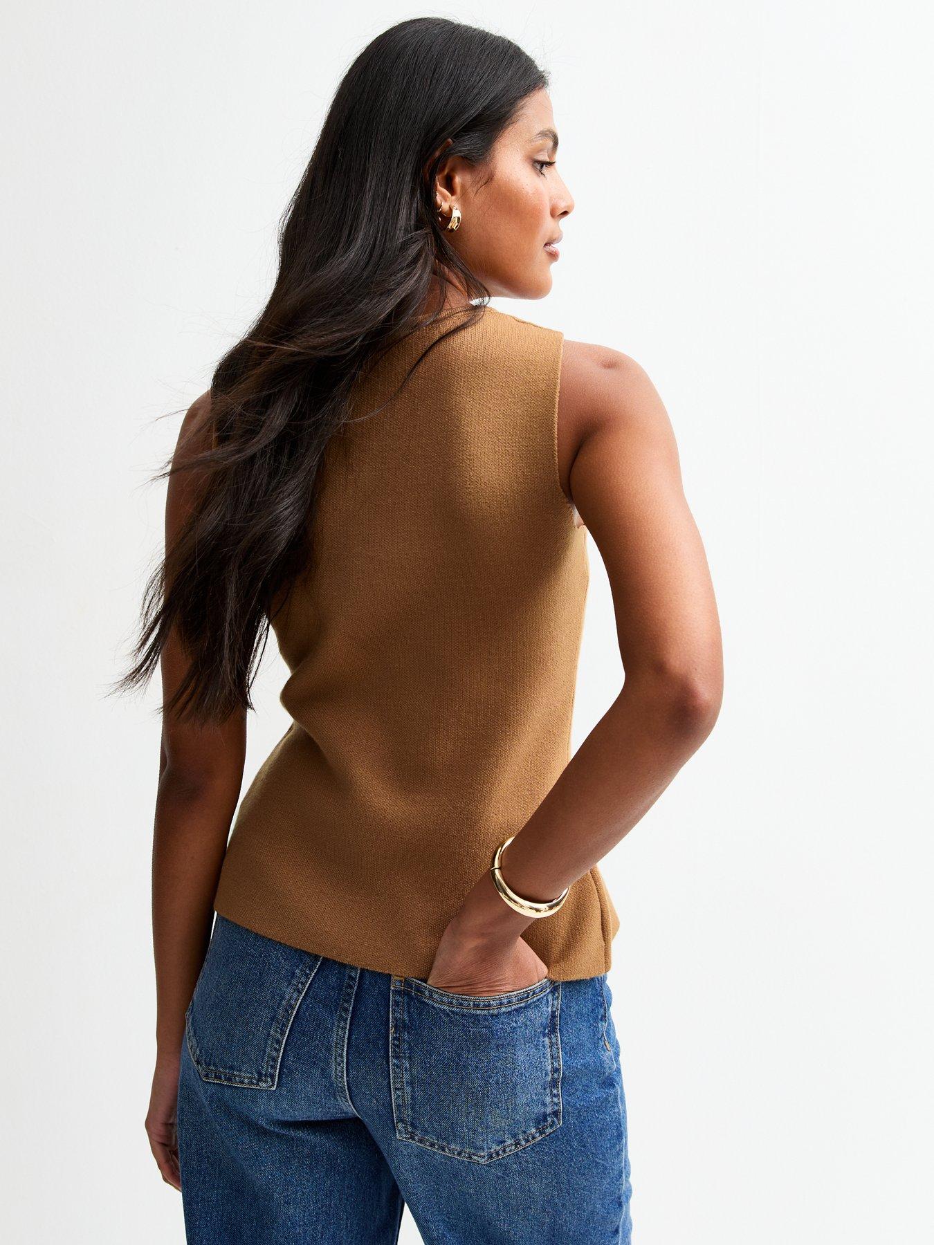  image of new-look-tan-compact-knit-square-neck-waistcoat-brown
