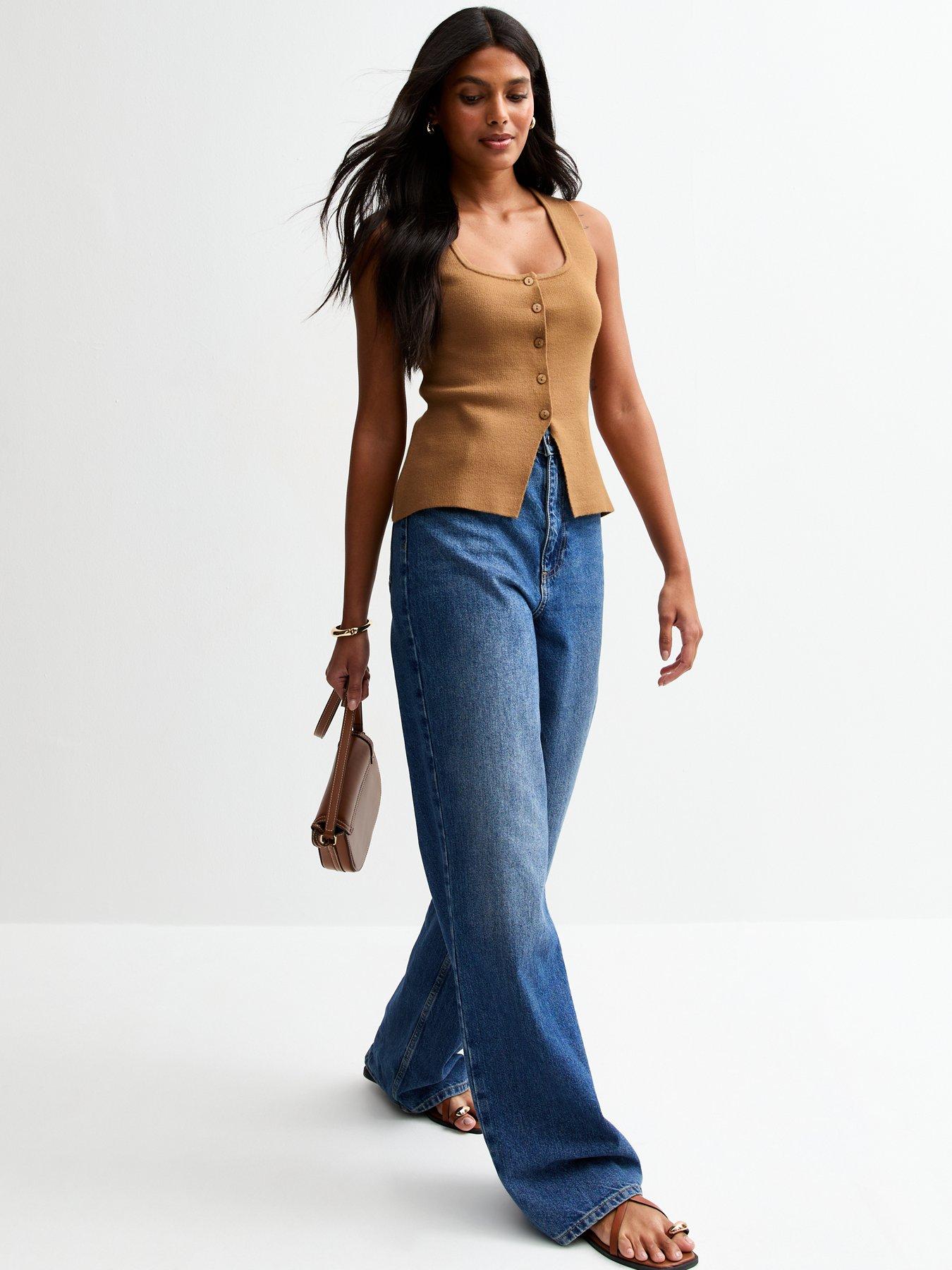  image of new-look-tan-compact-knit-square-neck-waistcoat-brown