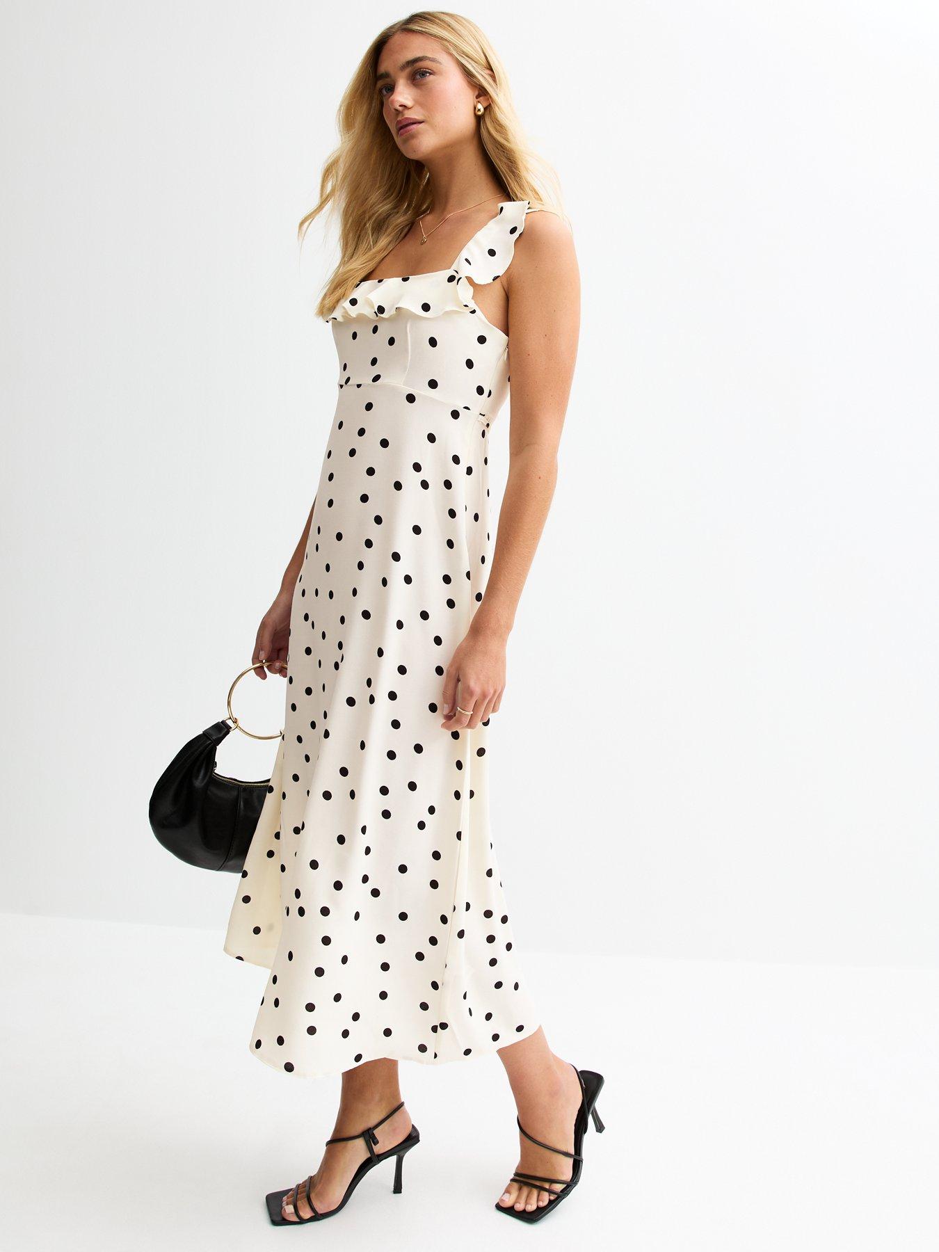 New Look Cream Polka Dot Ruffle Trim Chiffon Midi Dress | Littlewoods
